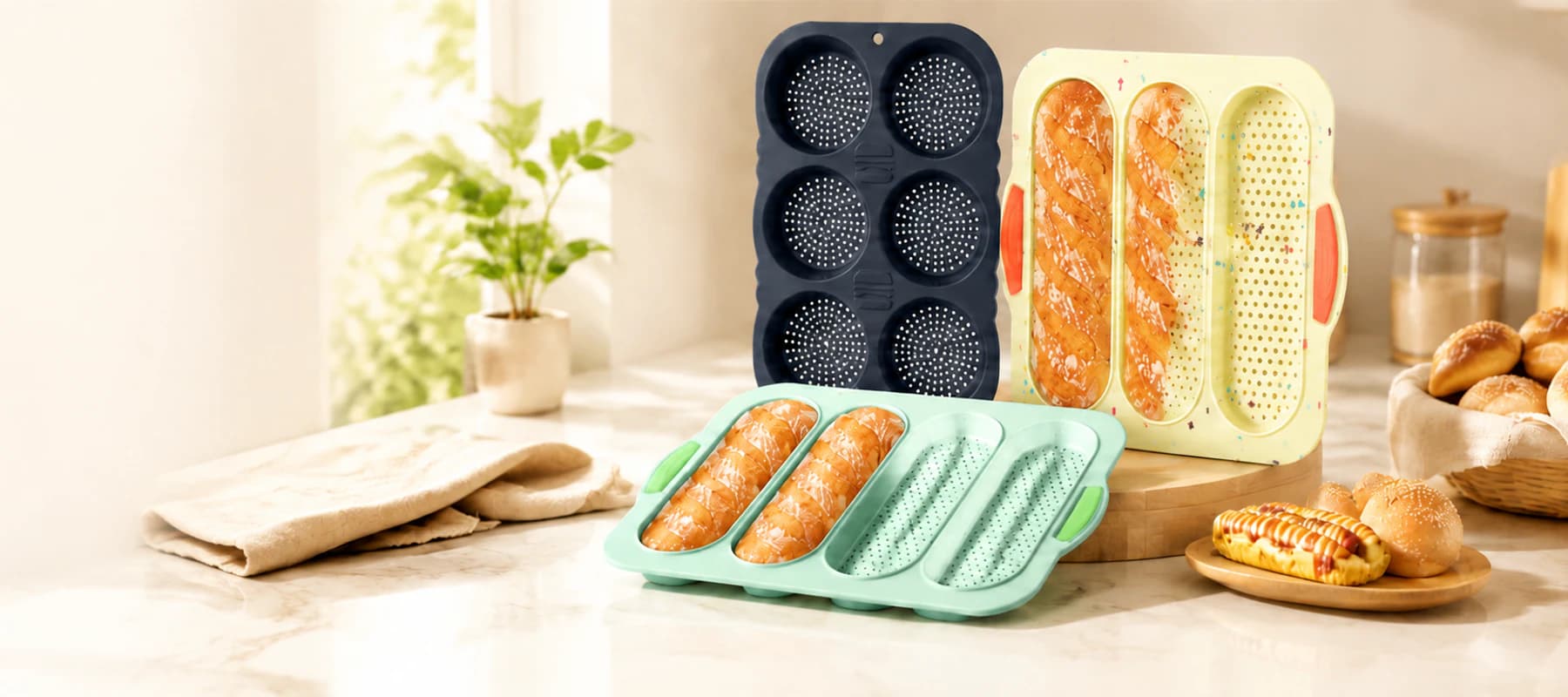 Obsoorth silicone bread and bun molds in a warm kitchen setting