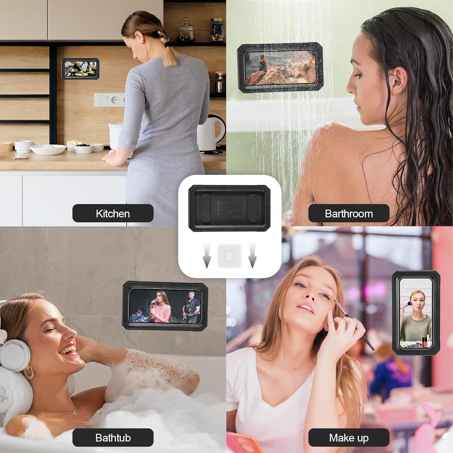 Obsoorth black shower phone holder used in kitchen and bathroom spaces