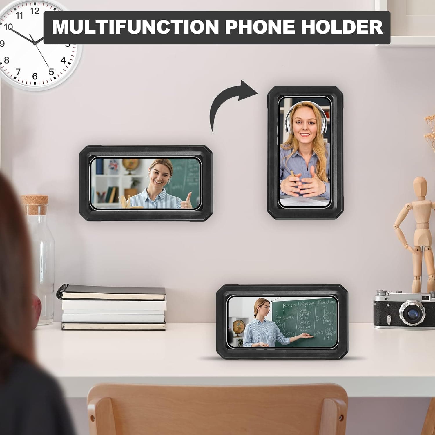 Obsoorth black shower phone holder shown in horizontal and vertical orientations