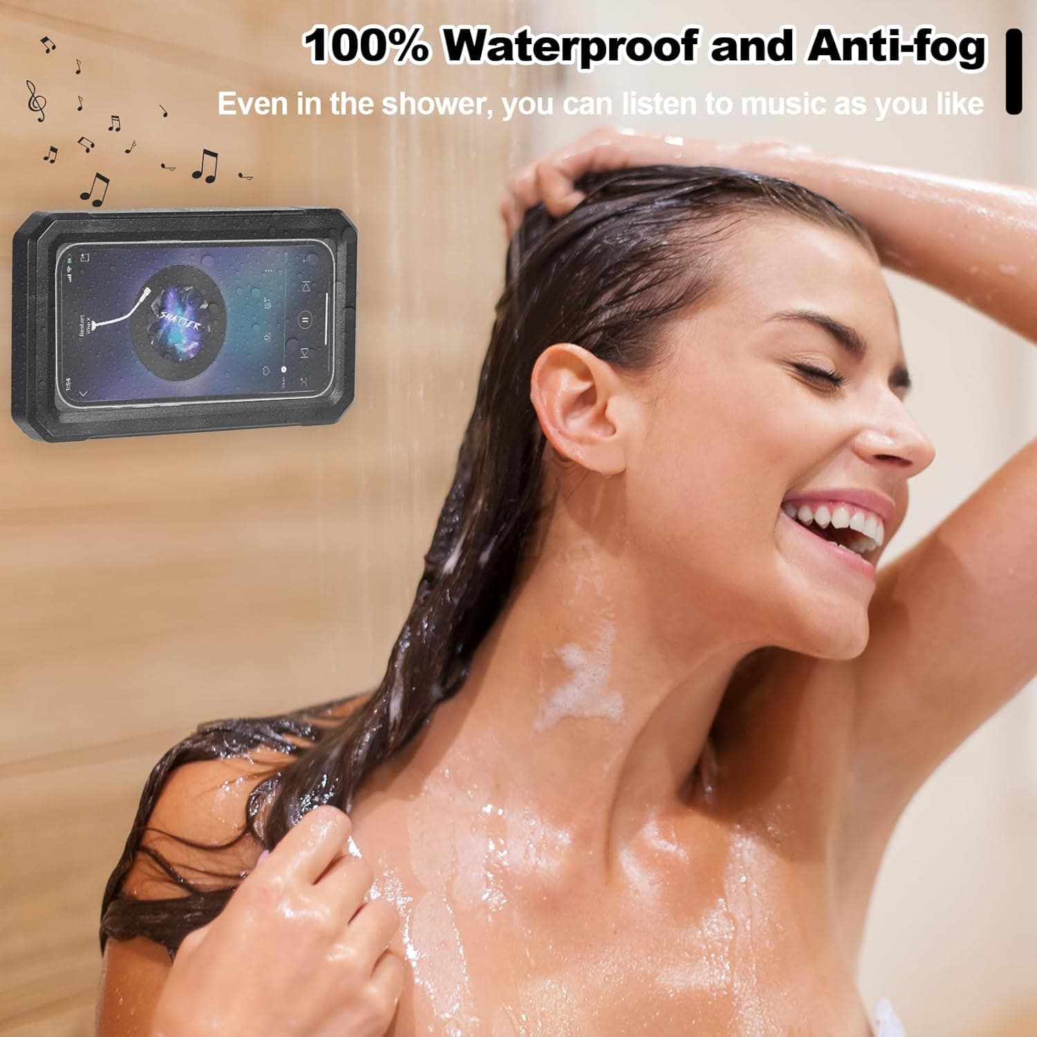 Obsoorth black shower phone holder mounted in a wet shower