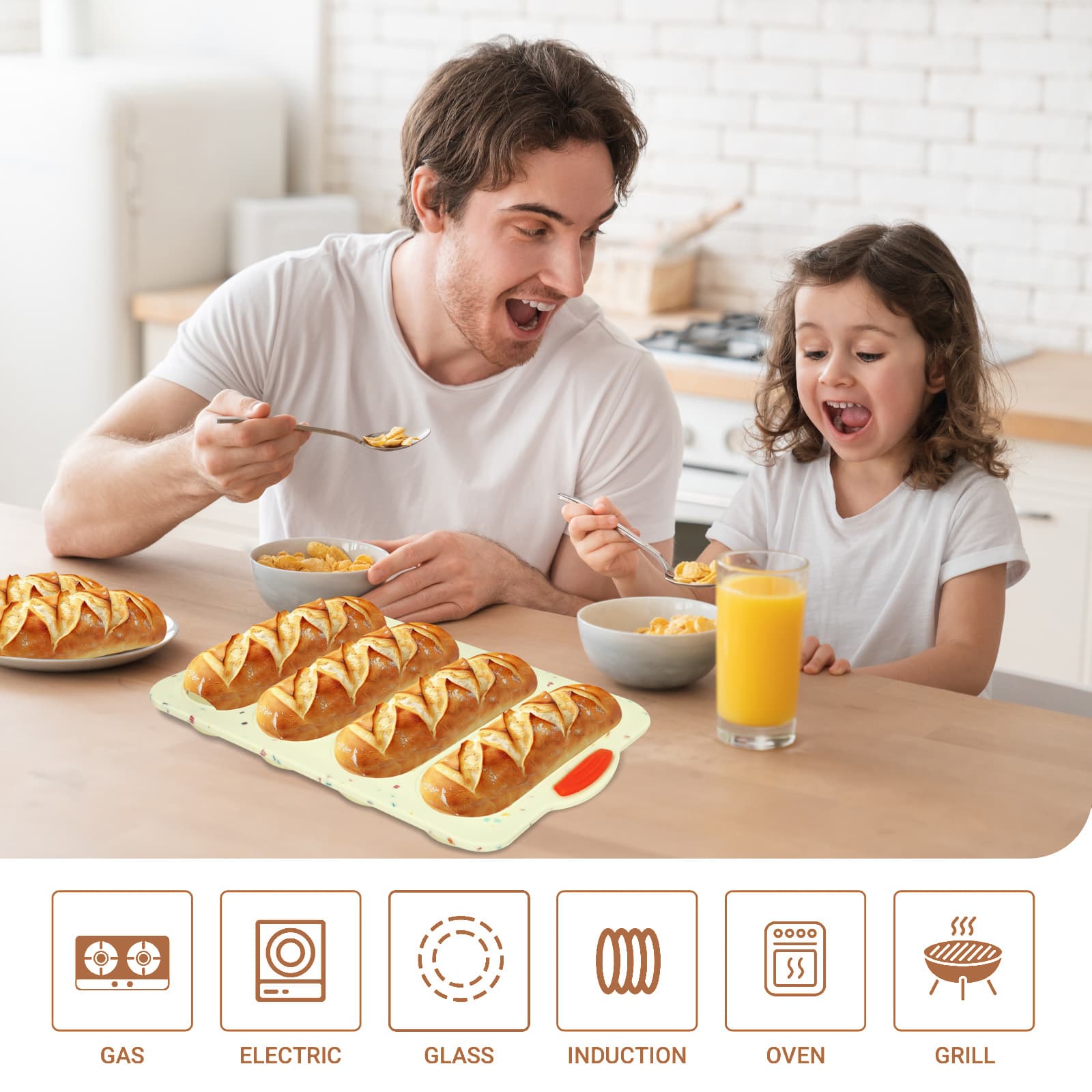 Obsoorth beige four-cavity bread loaf pan with baked rolls