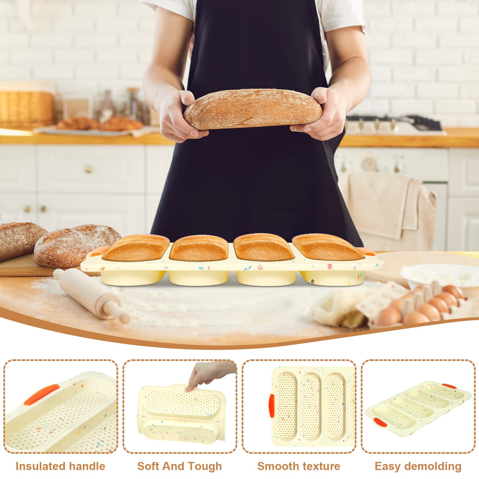 Obsoorth beige four-cavity silicone bread loaf pan features