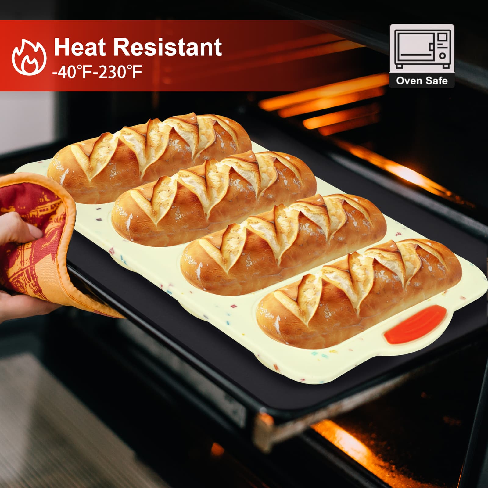 Obsoorth beige silicone bread loaf pan with baked rolls in an oven