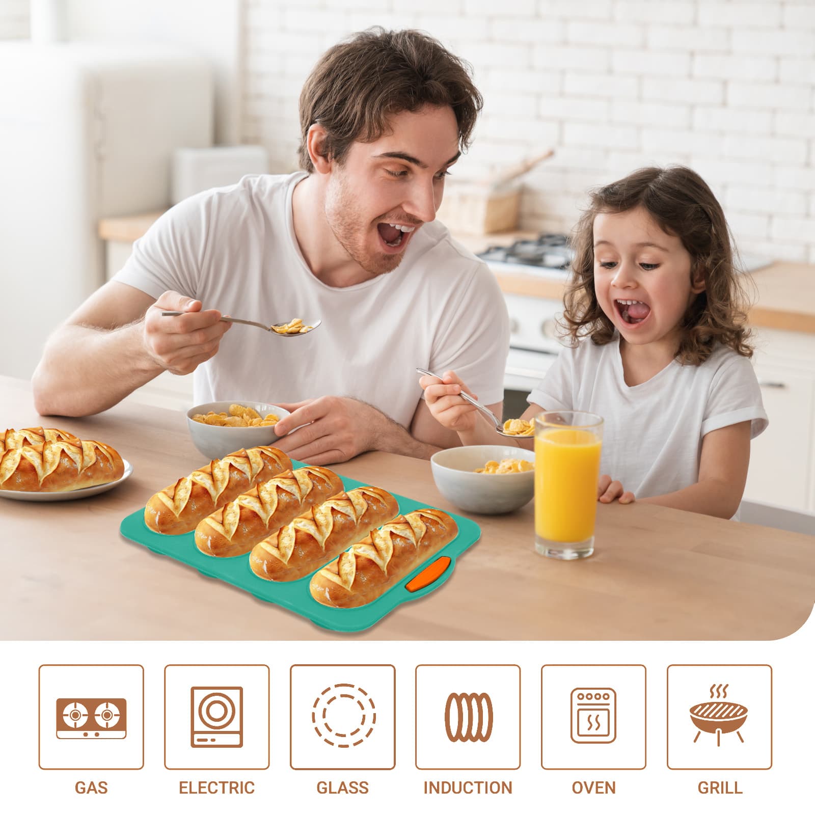 Obsoorth four-cavity bread loaf pan with baked rolls