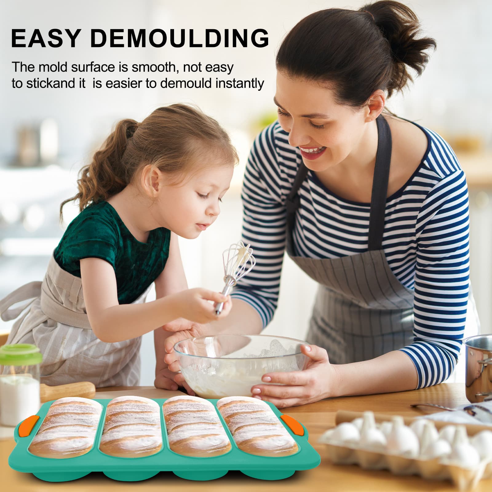 Obsoorth silicone bread loaf pan with four dough-filled cavities