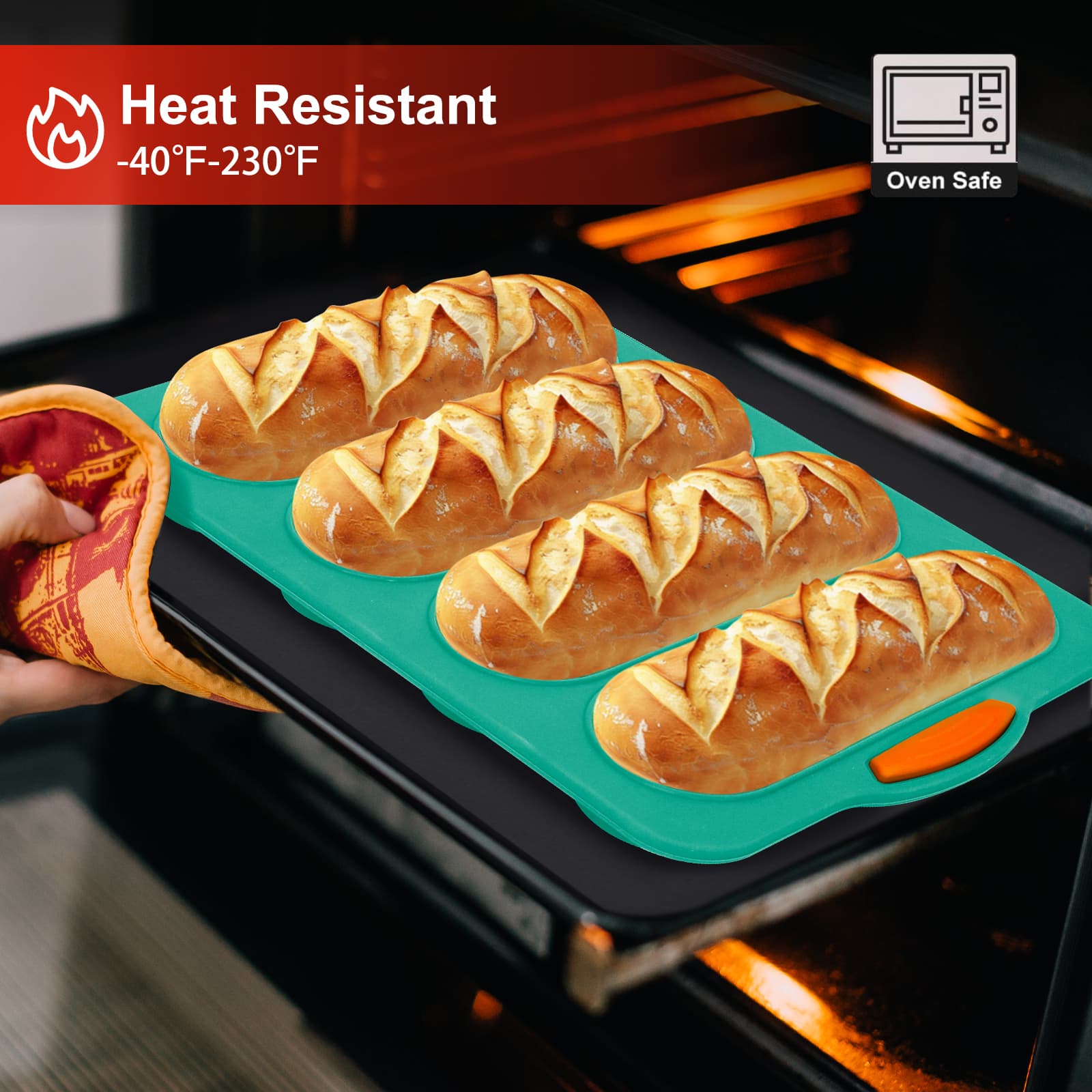 Obsoorth dark green bread loaf pan in an oven