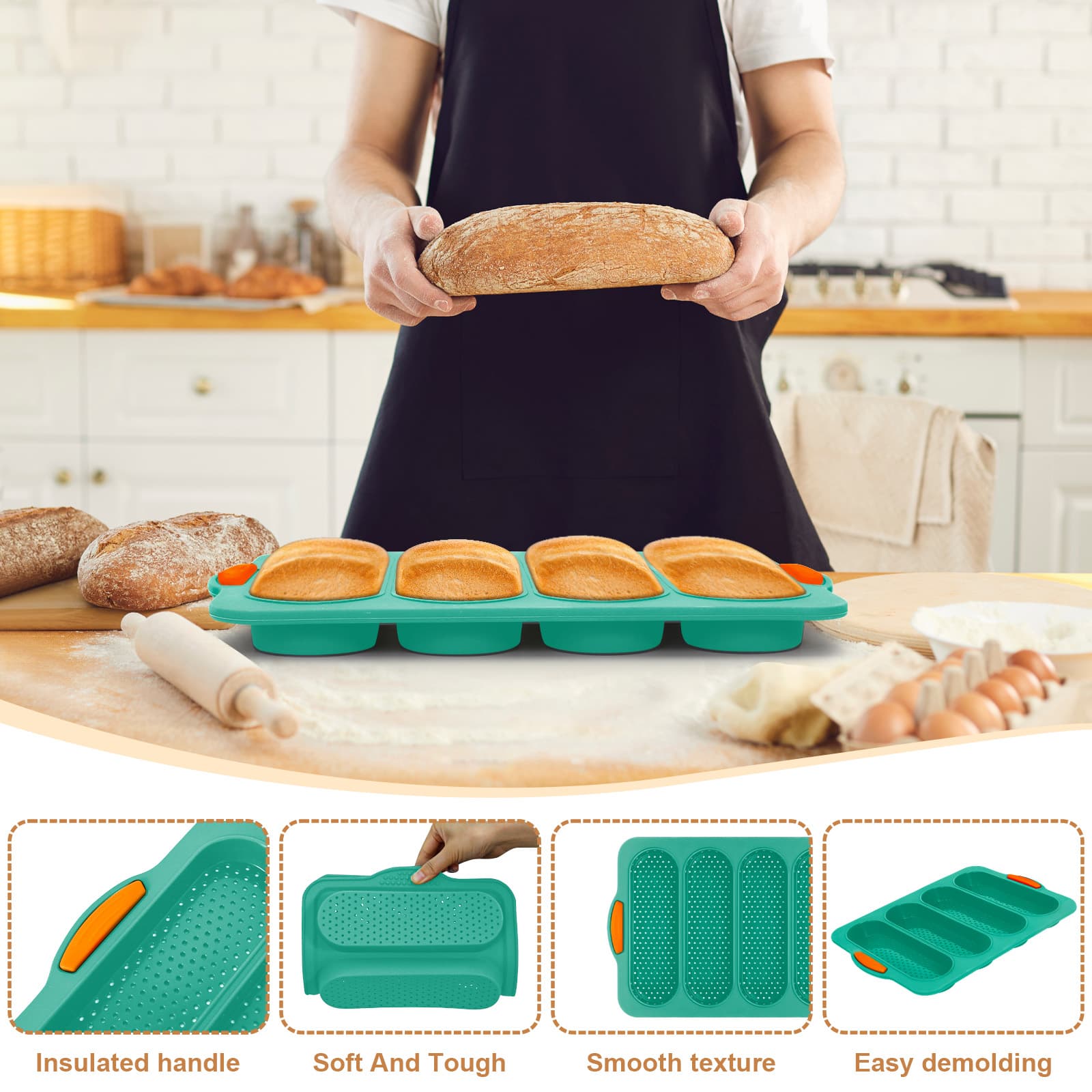 Obsoorth four-cavity silicone bread pan features