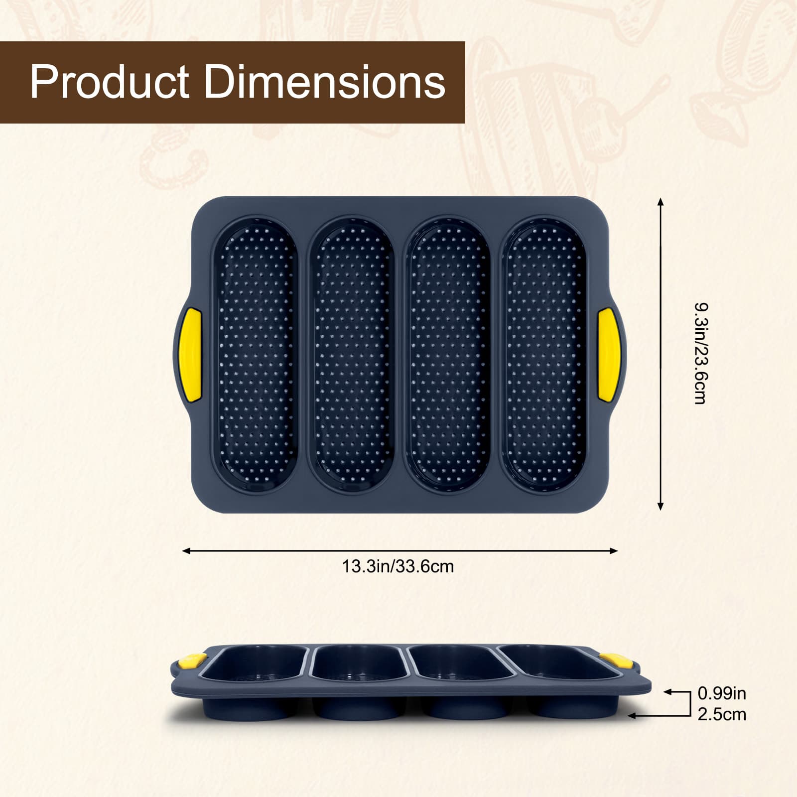 Dimensions of the Obsoorth four-cavity silicone bread loaf pan