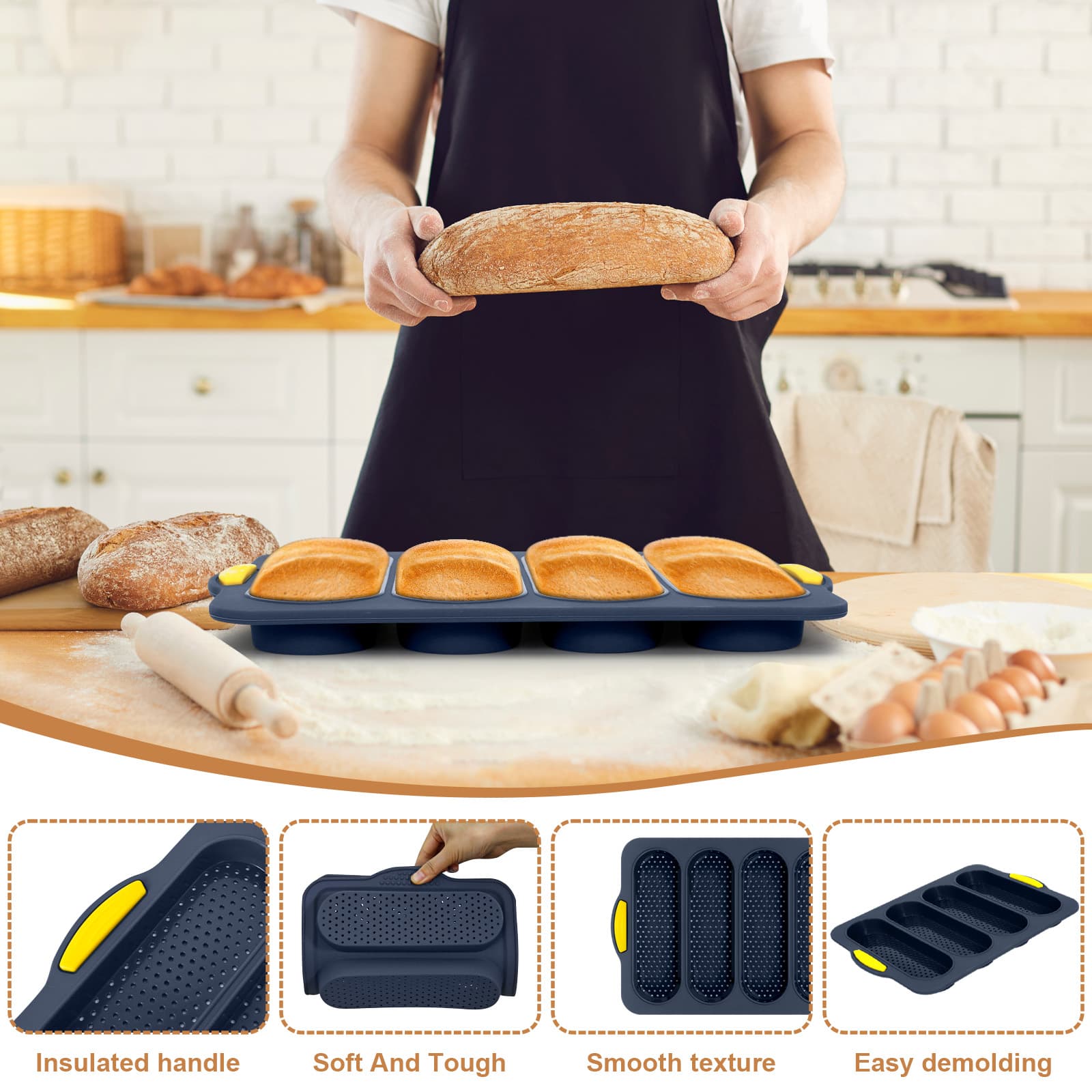 Flexible pan, insulated side grips and perforated cavity details