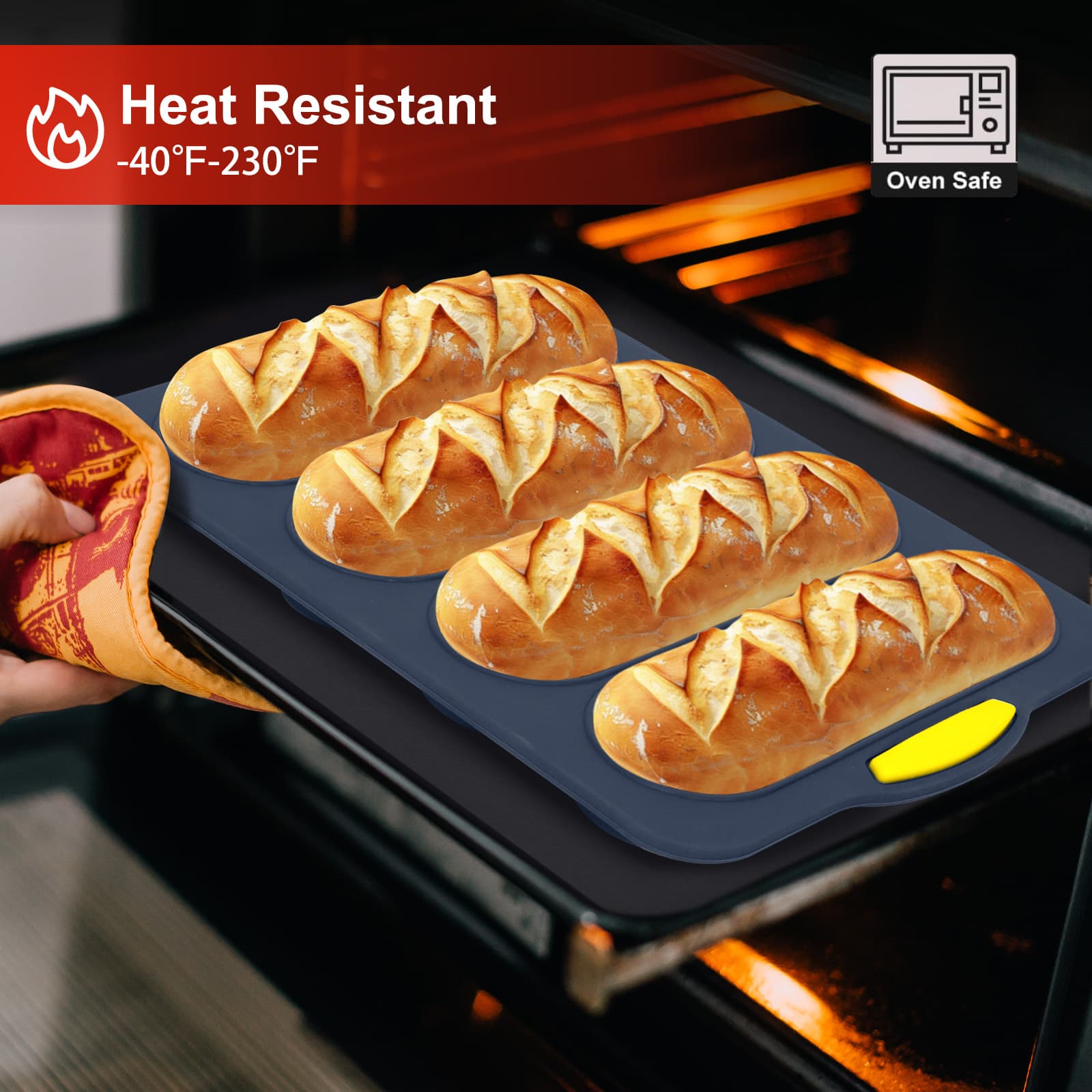 Obsoorth four-cavity silicone bread pan baking loaves in an oven