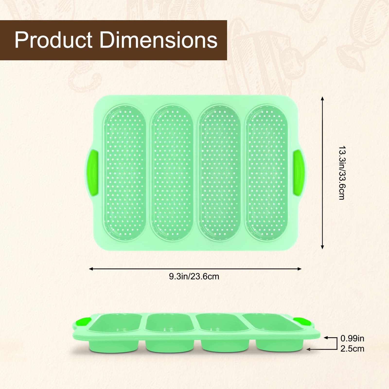 Dimensions of the Obsoorth aqua green four-cavity bread loaf pan