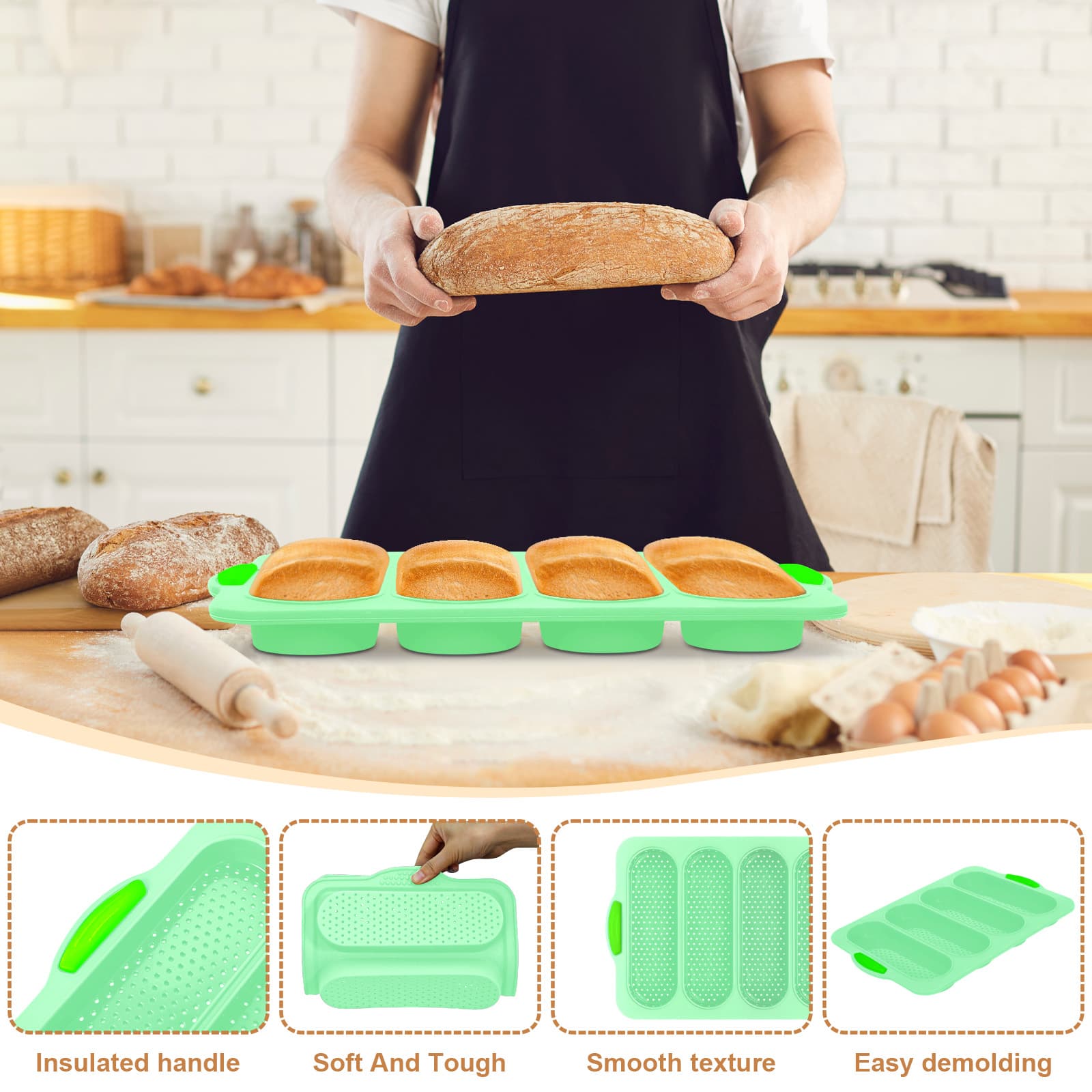 Aqua green bread pan side handles, flexible silicone and perforated cavities
