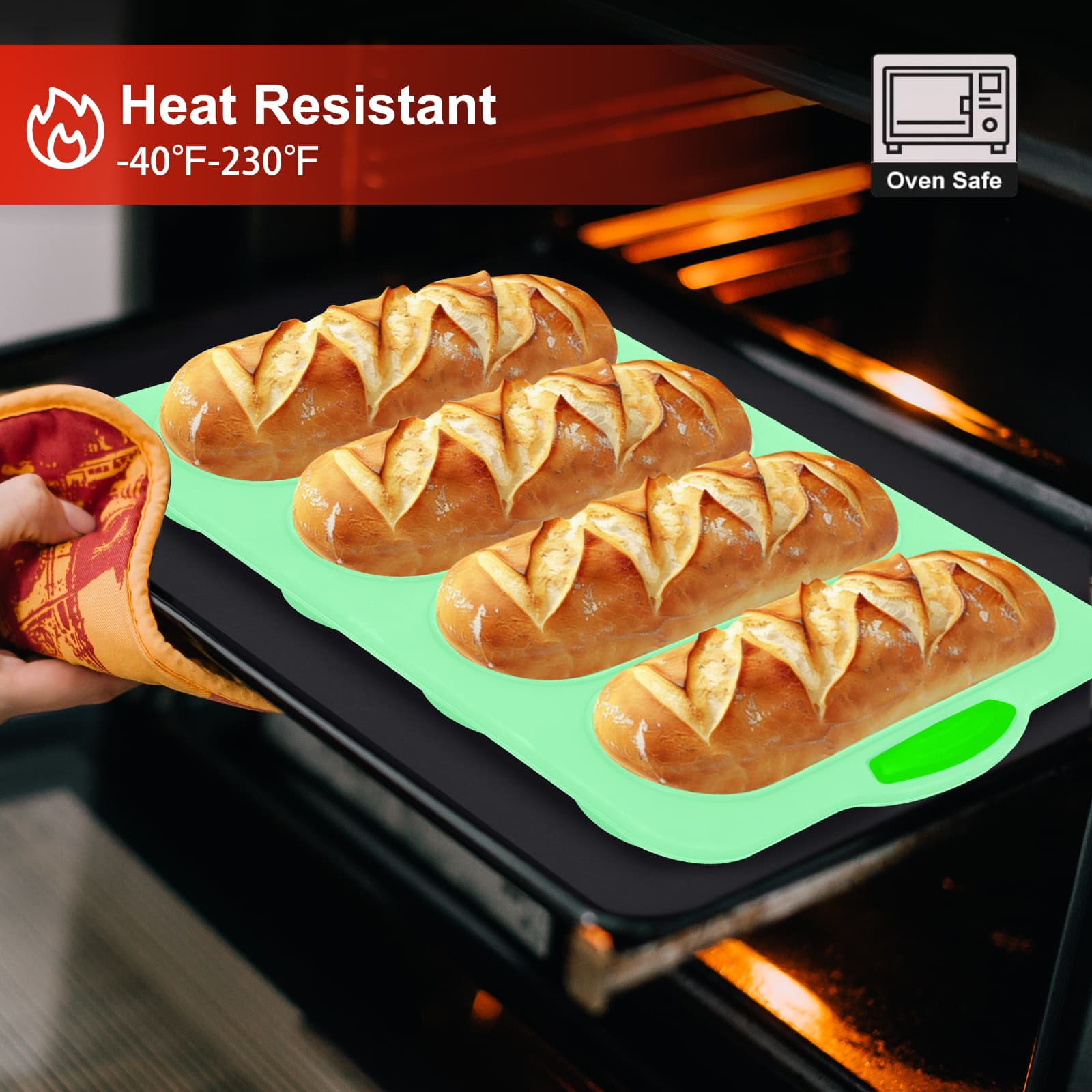 Obsoorth aqua green silicone bread loaf pan in an oven