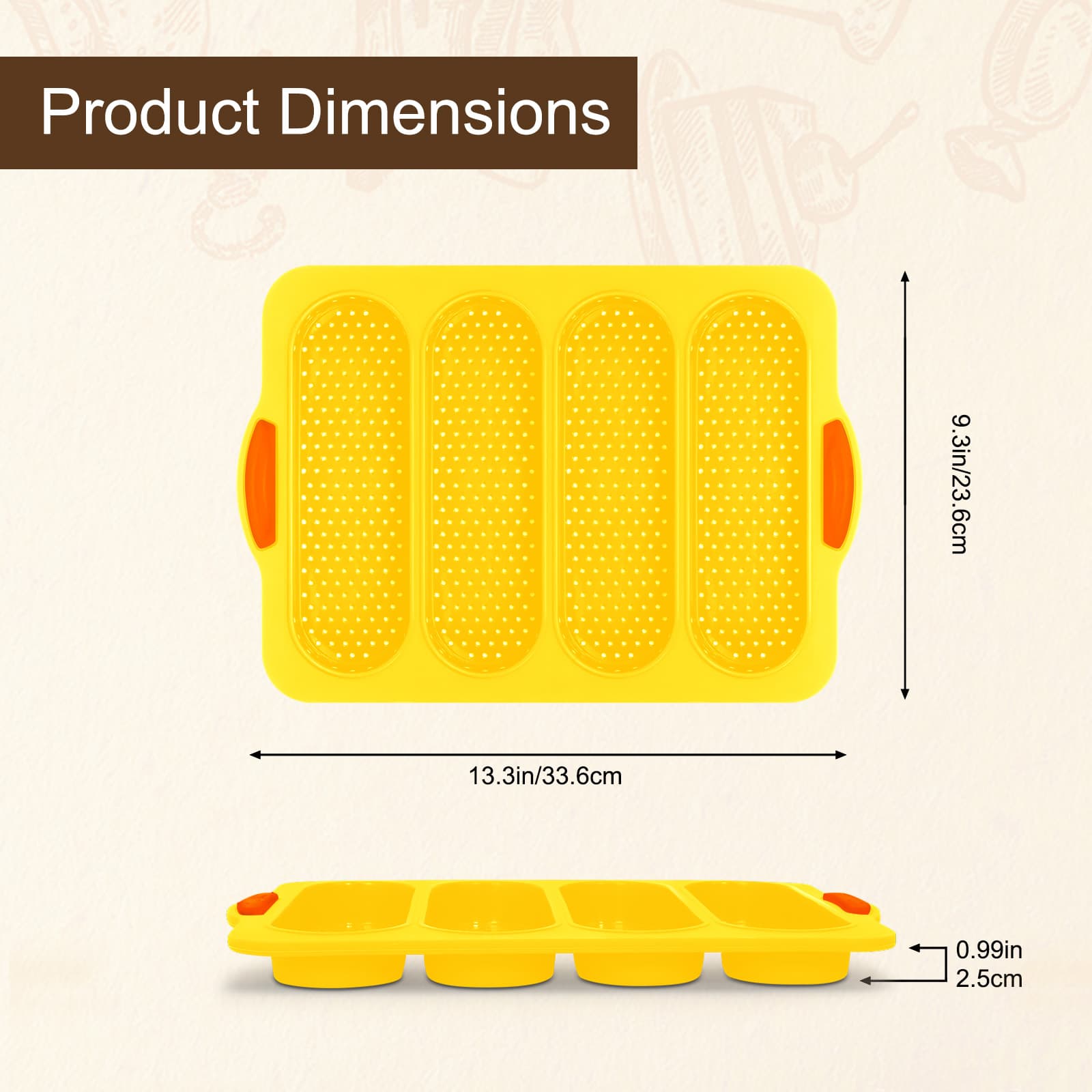 Dimensions of the Obsoorth yellow four-cavity silicone bread loaf pan