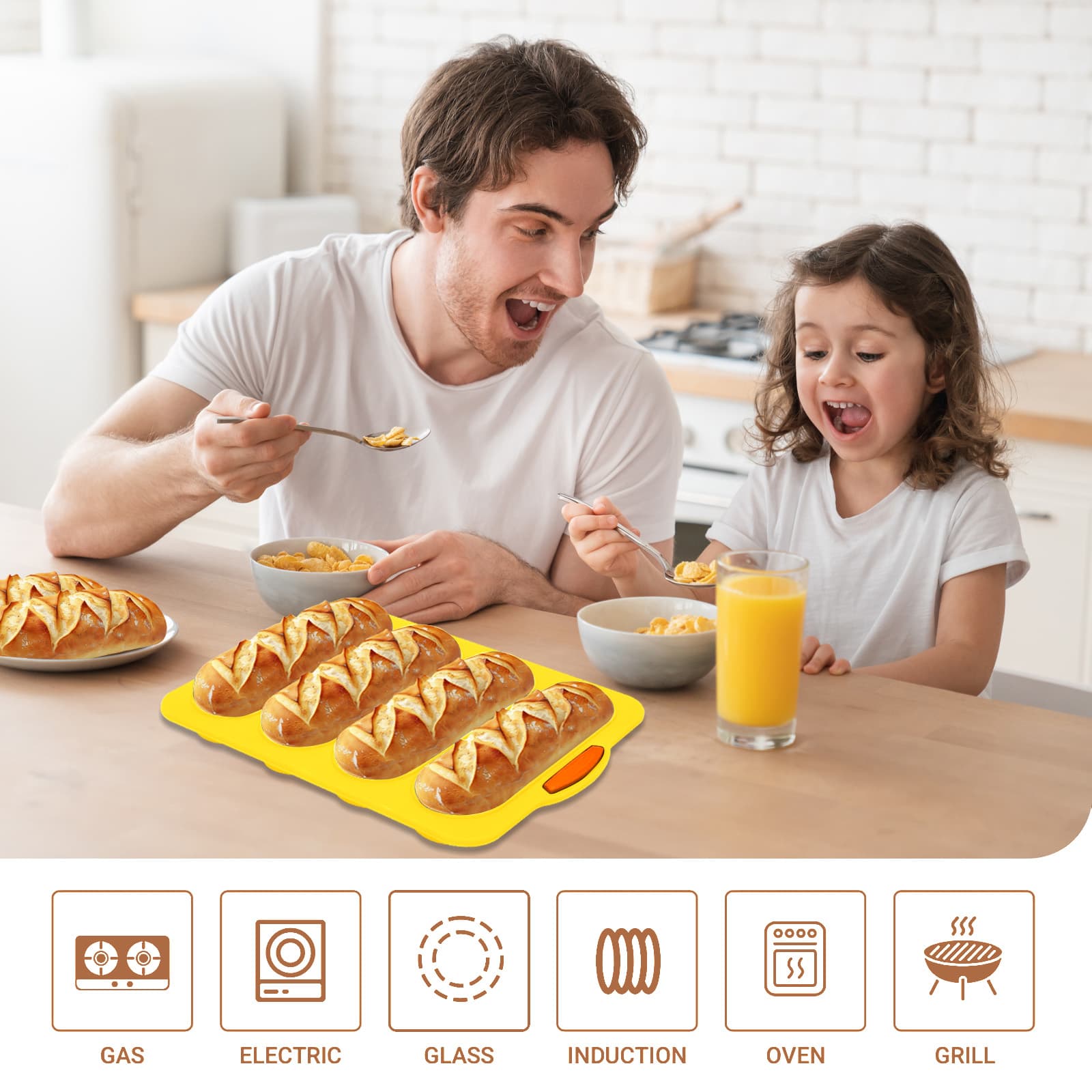 Four baked loaves served from the Obsoorth yellow silicone bread pan