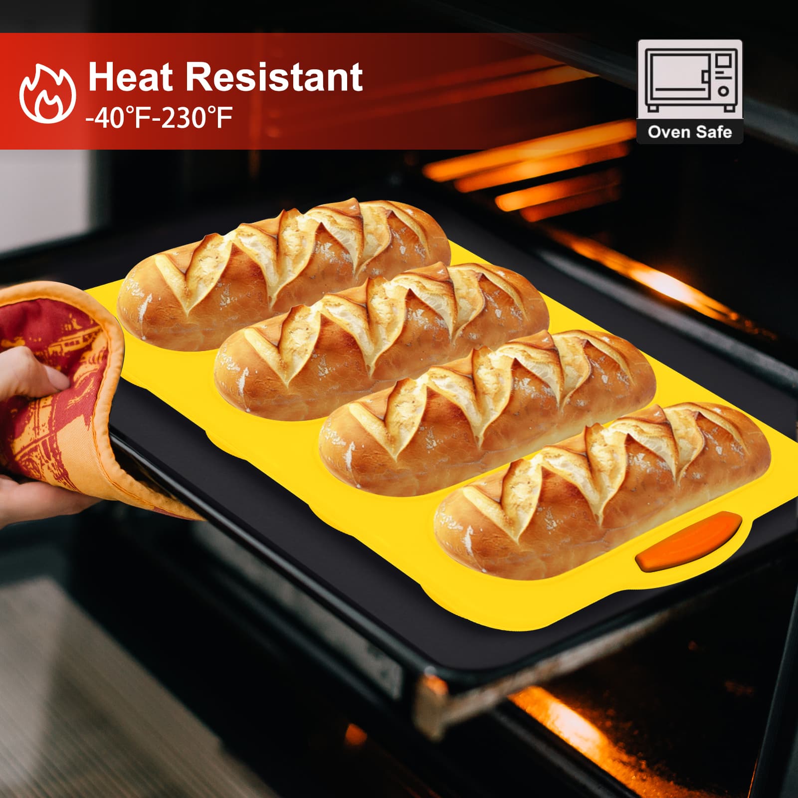 Obsoorth yellow silicone bread loaf pan baking four loaves in an oven