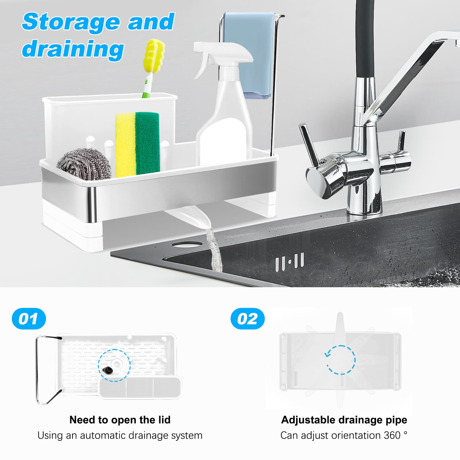 Adjustable drainage spout beneath the Obsoorth kitchen sink caddy