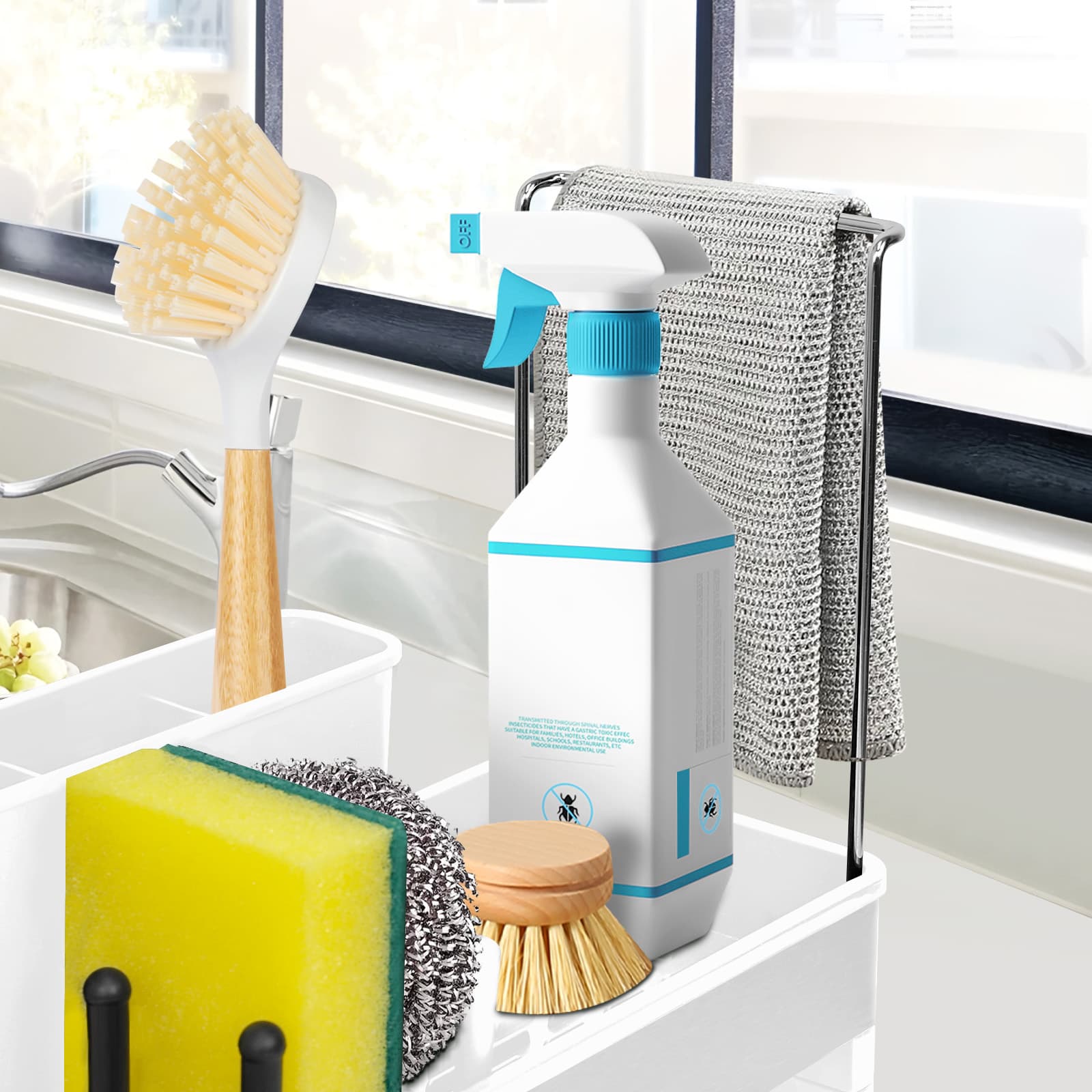 Obsoorth white sink caddy organizing brushes, sponge, soap and dishcloth