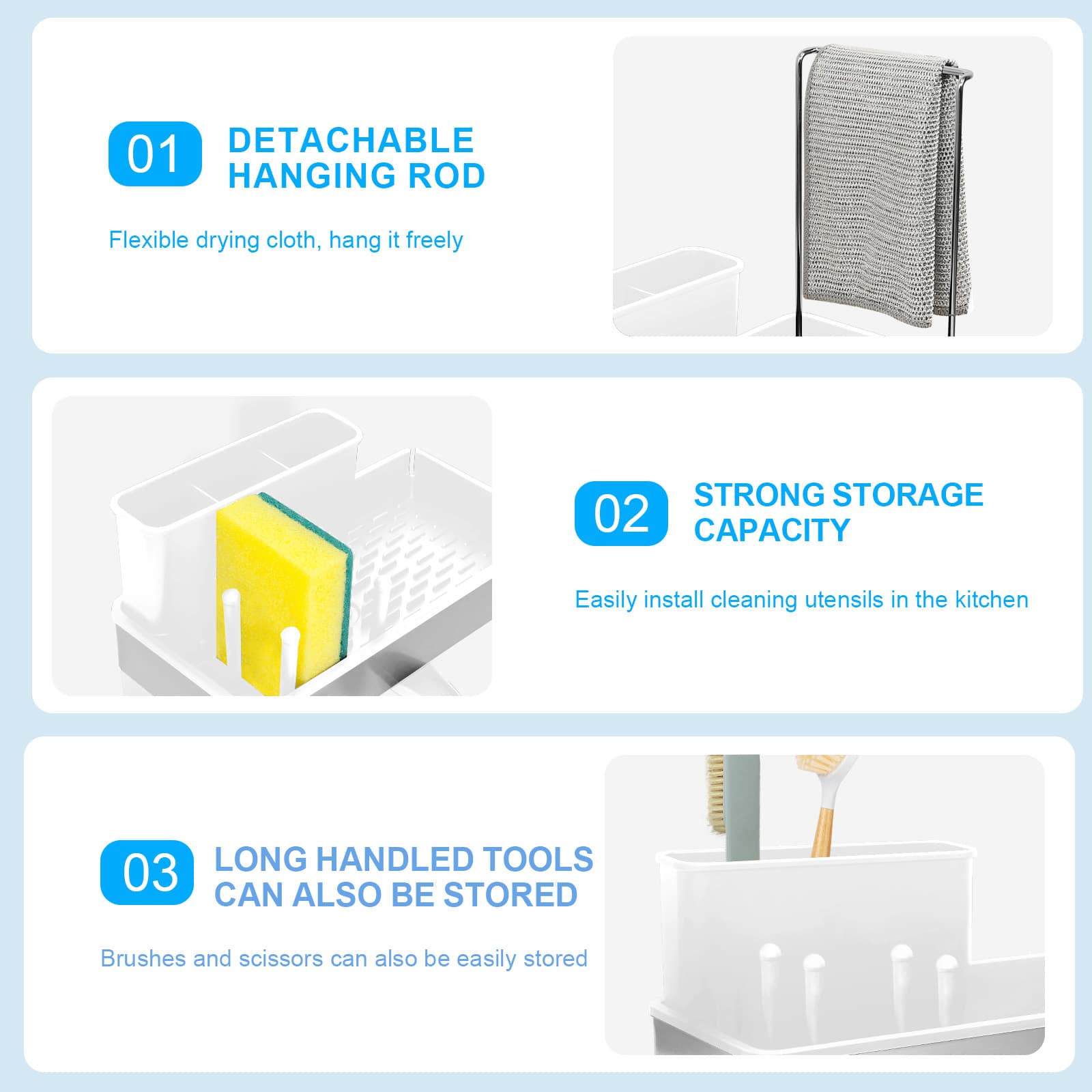 Detachable dishcloth rod and divided storage features of the Obsoorth sink caddy