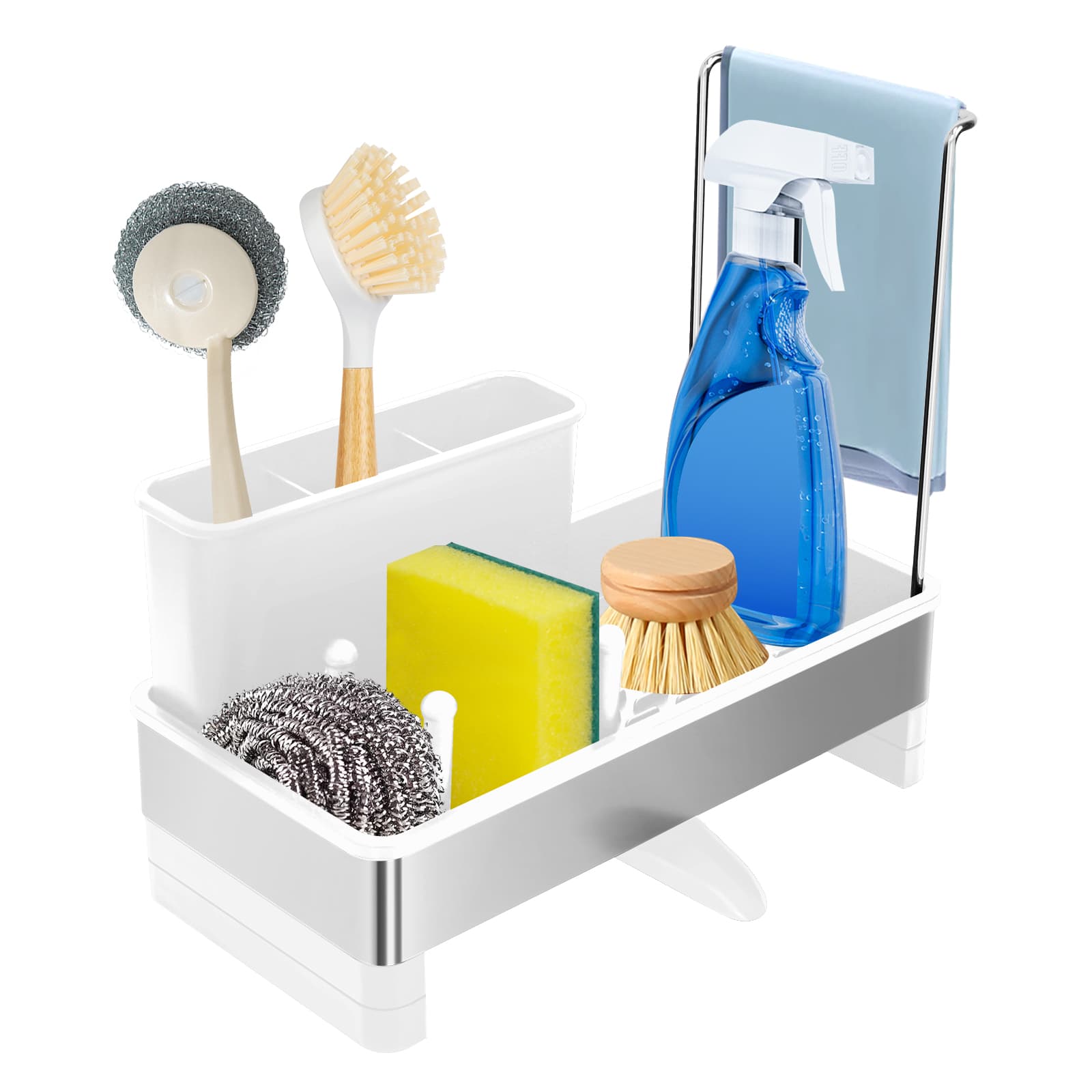 Obsoorth white kitchen sink caddy with brush holder and dishcloth rod