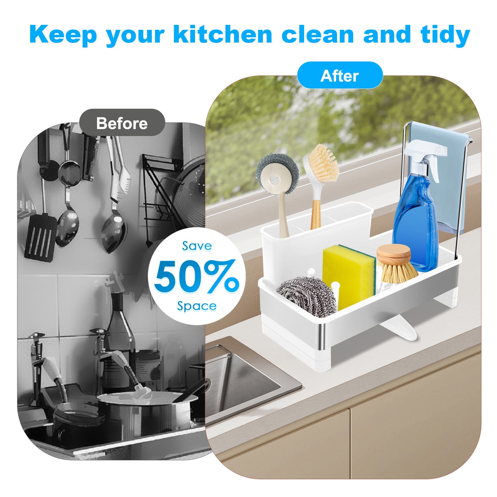 Organized kitchen sink area with the Obsoorth white countertop caddy