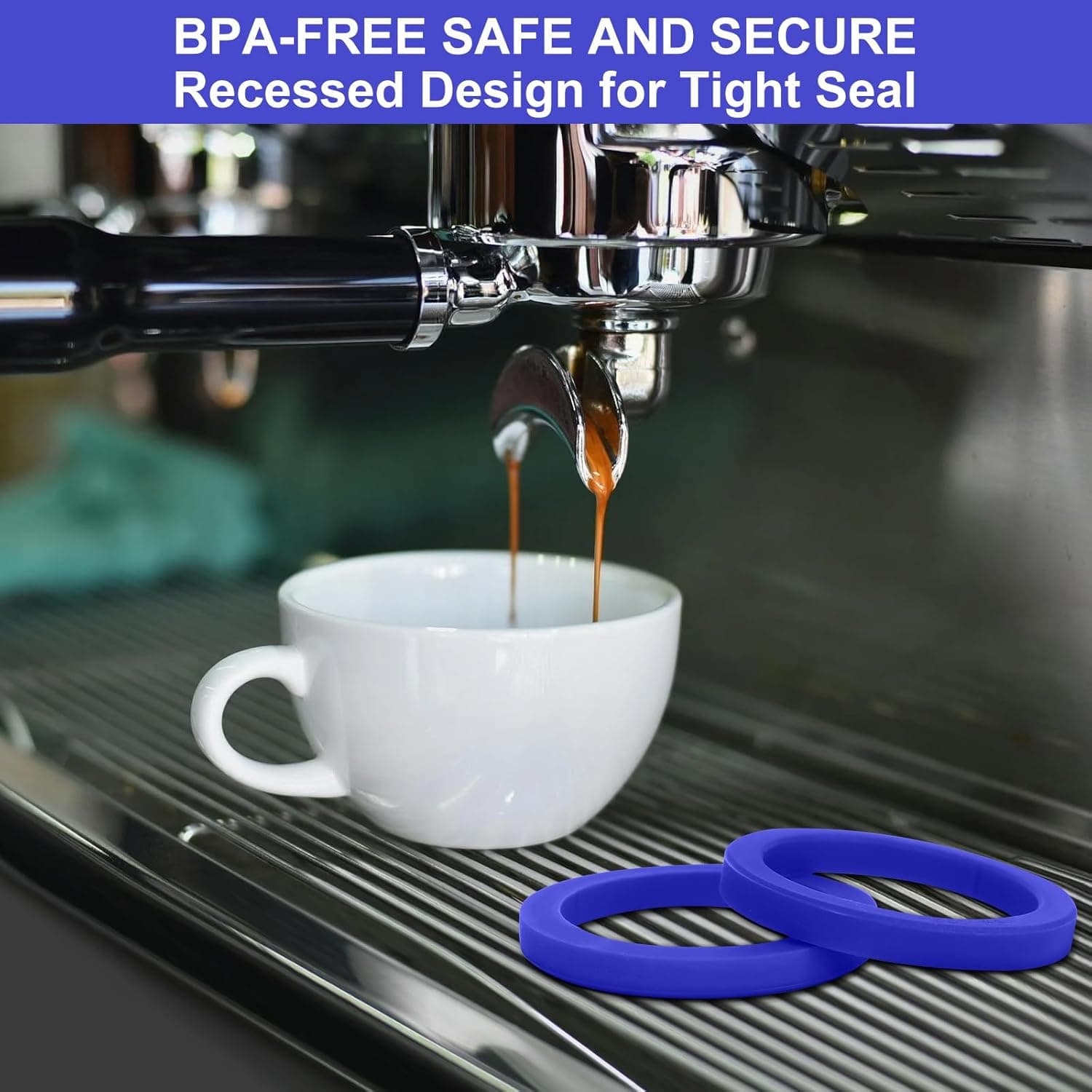 Obsoorth blue E61 silicone gasket shown at an espresso-machine group head