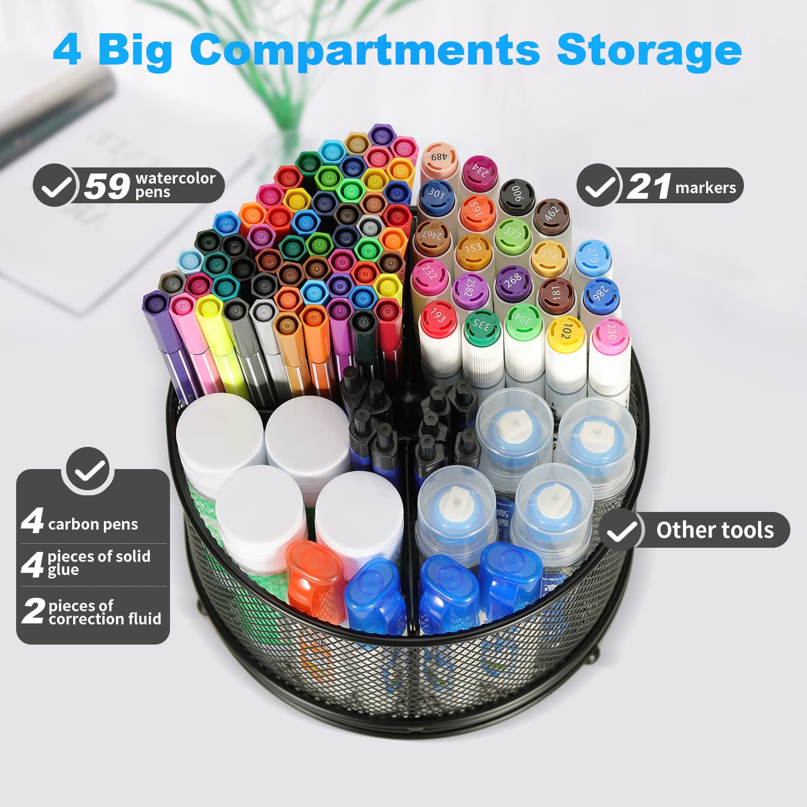 Four large compartments holding pens markers and desk tools