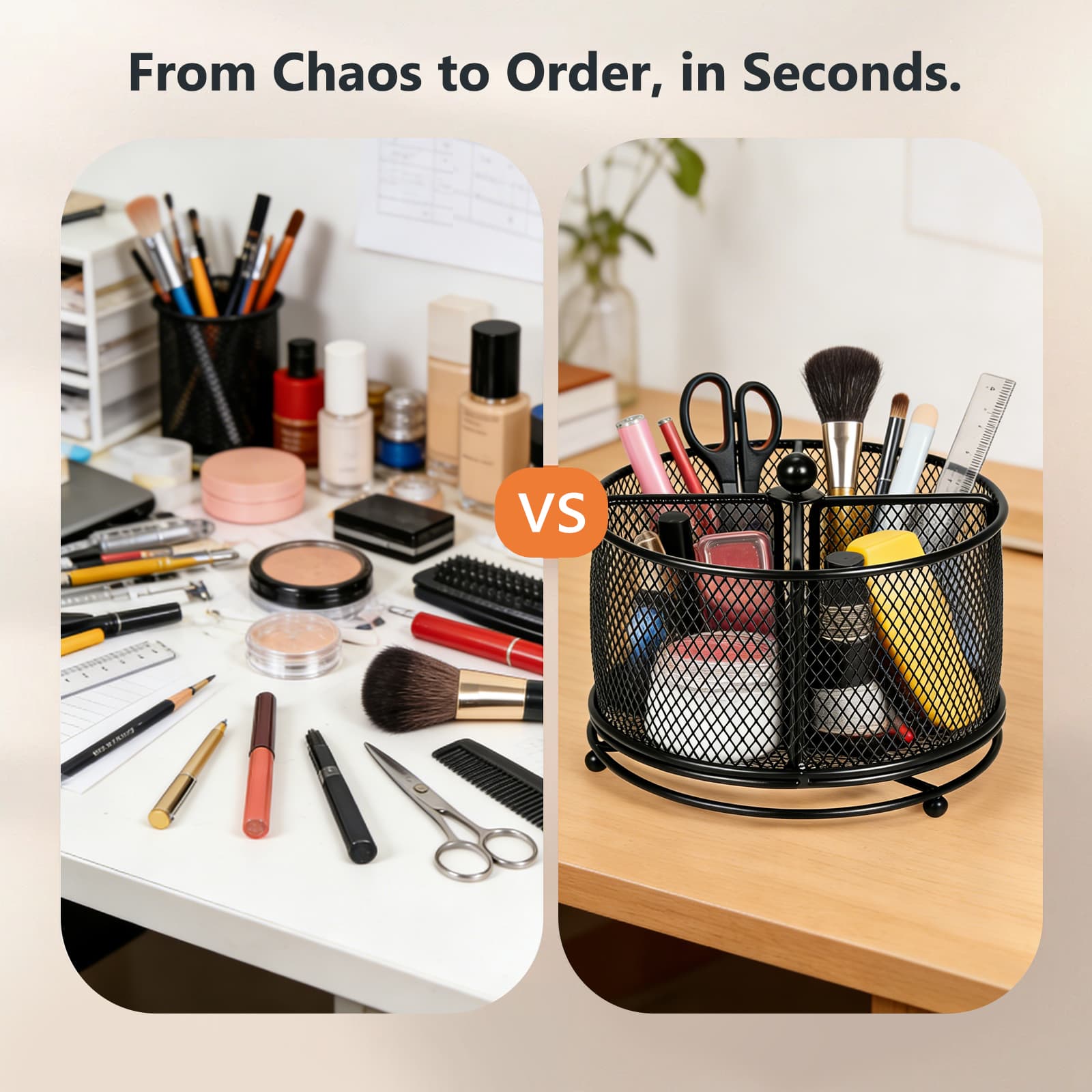 Round Obsoorth organizer arranging makeup and stationery on a desk