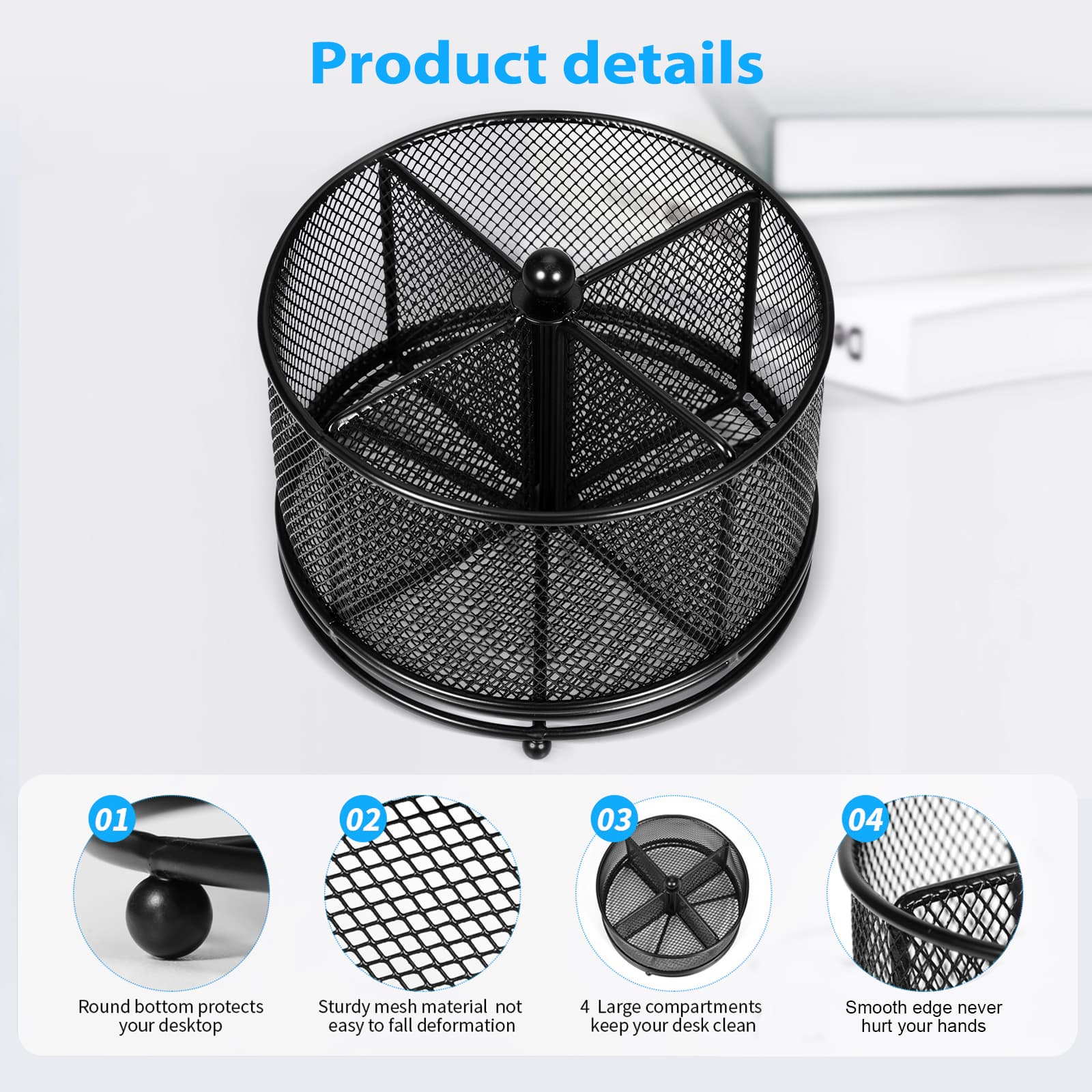 Close views of the mesh compartments rounded feet and smooth rim