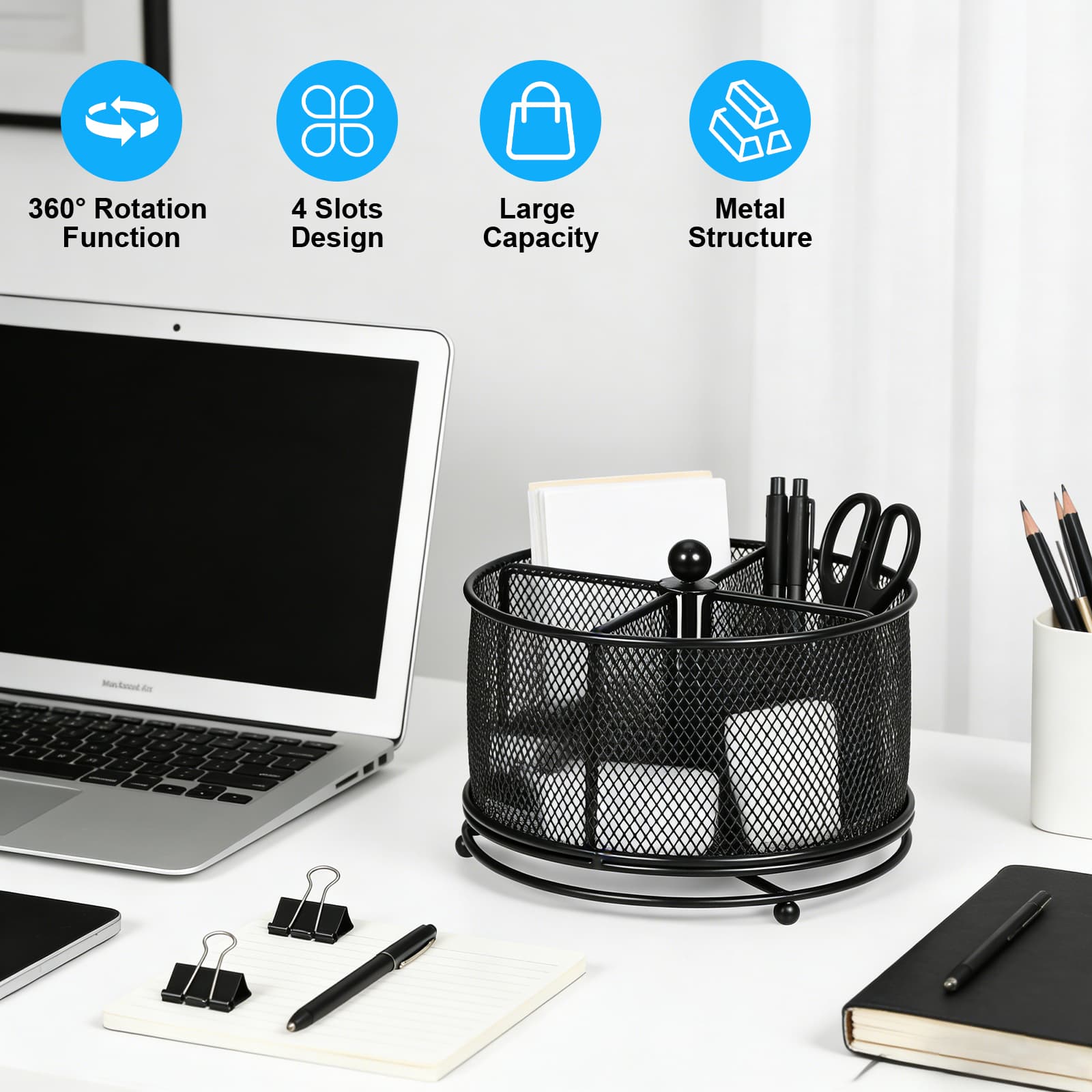 Four-slot metal mesh organizer with 360-degree rotation