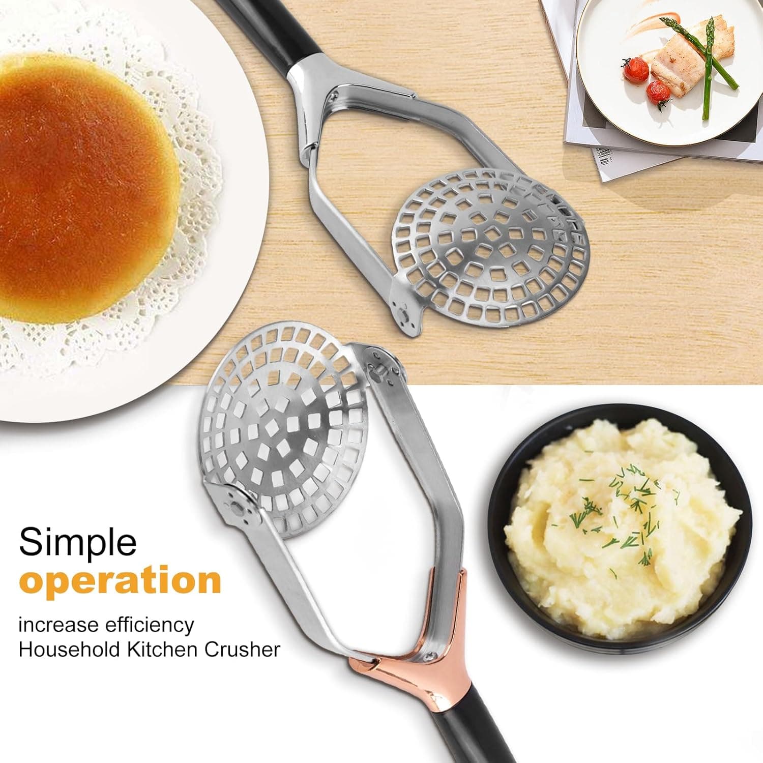 Obsoorth foldable potato masher shown during use