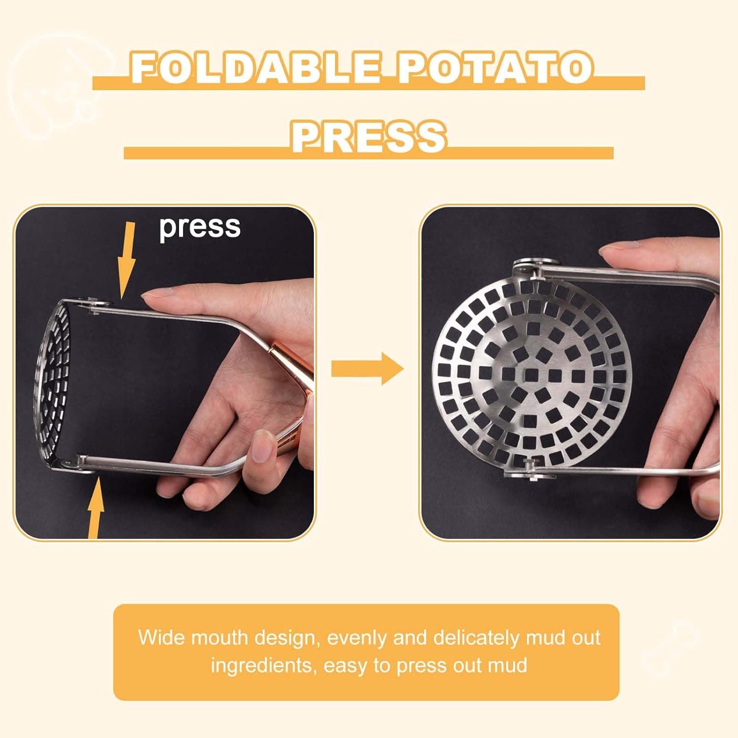 Fold-flat mashing plate detail on the Obsoorth rose gold potato masher