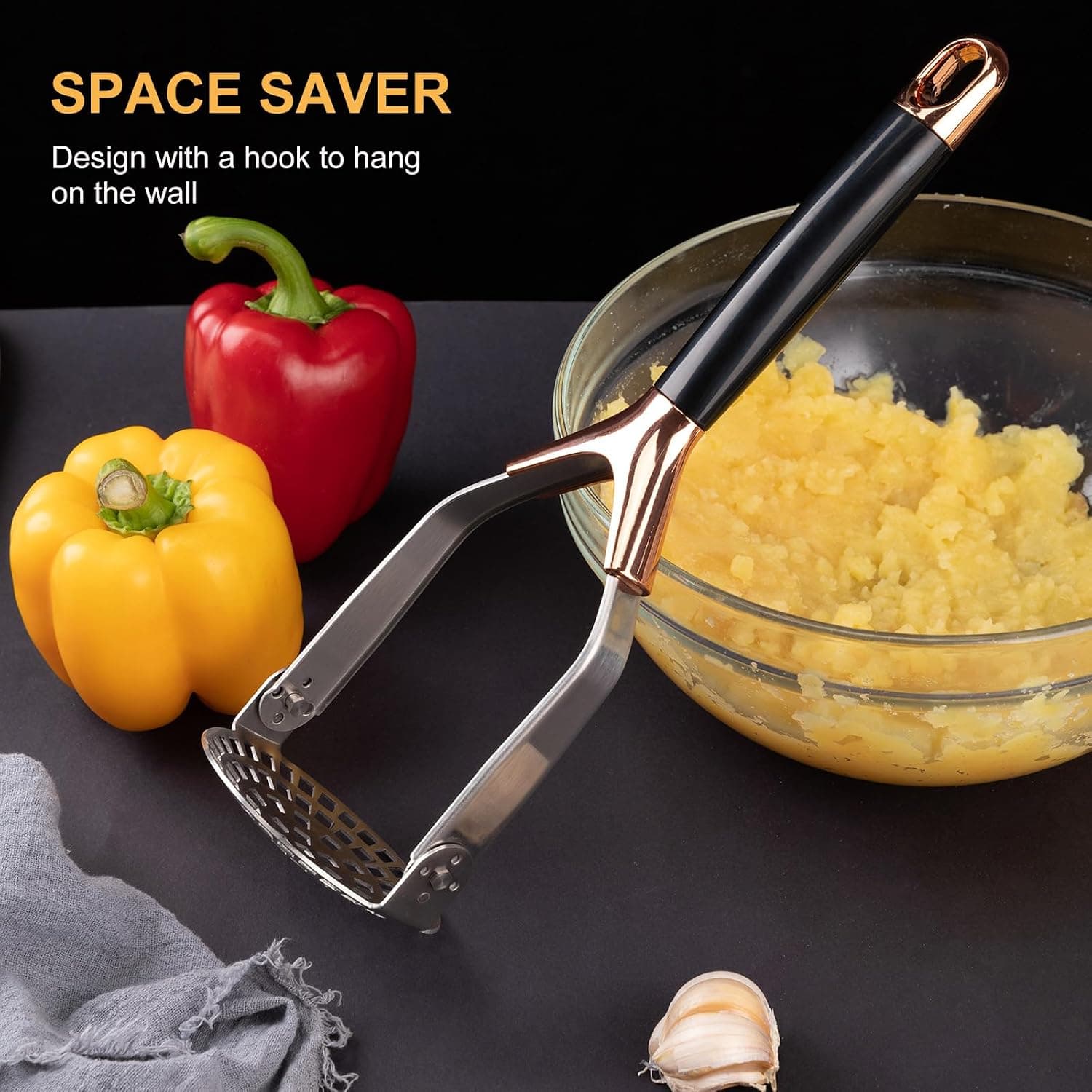 Hanging loop on the Obsoorth rose gold foldable potato masher