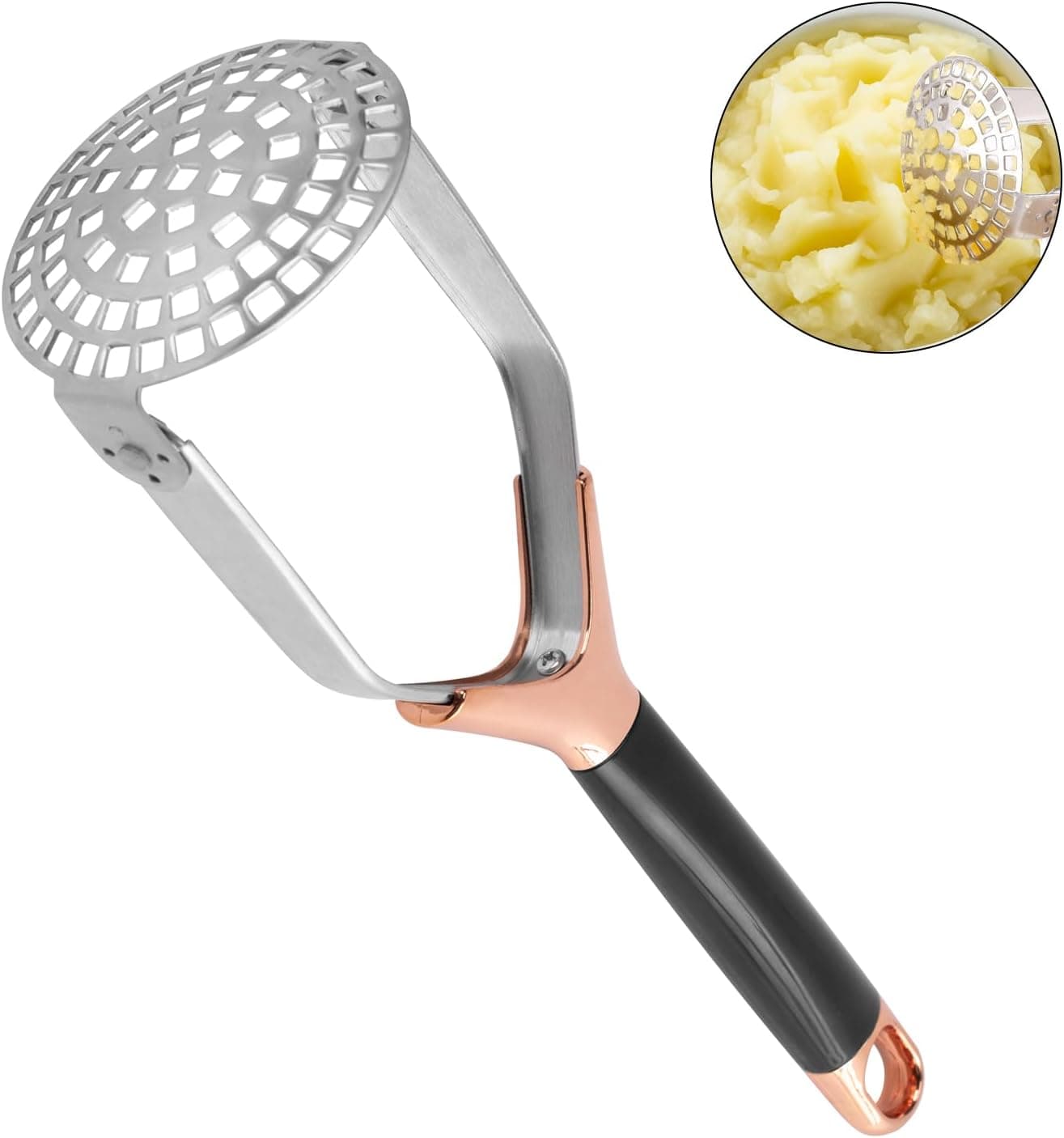 Obsoorth rose gold foldable stainless steel potato masher with black handle