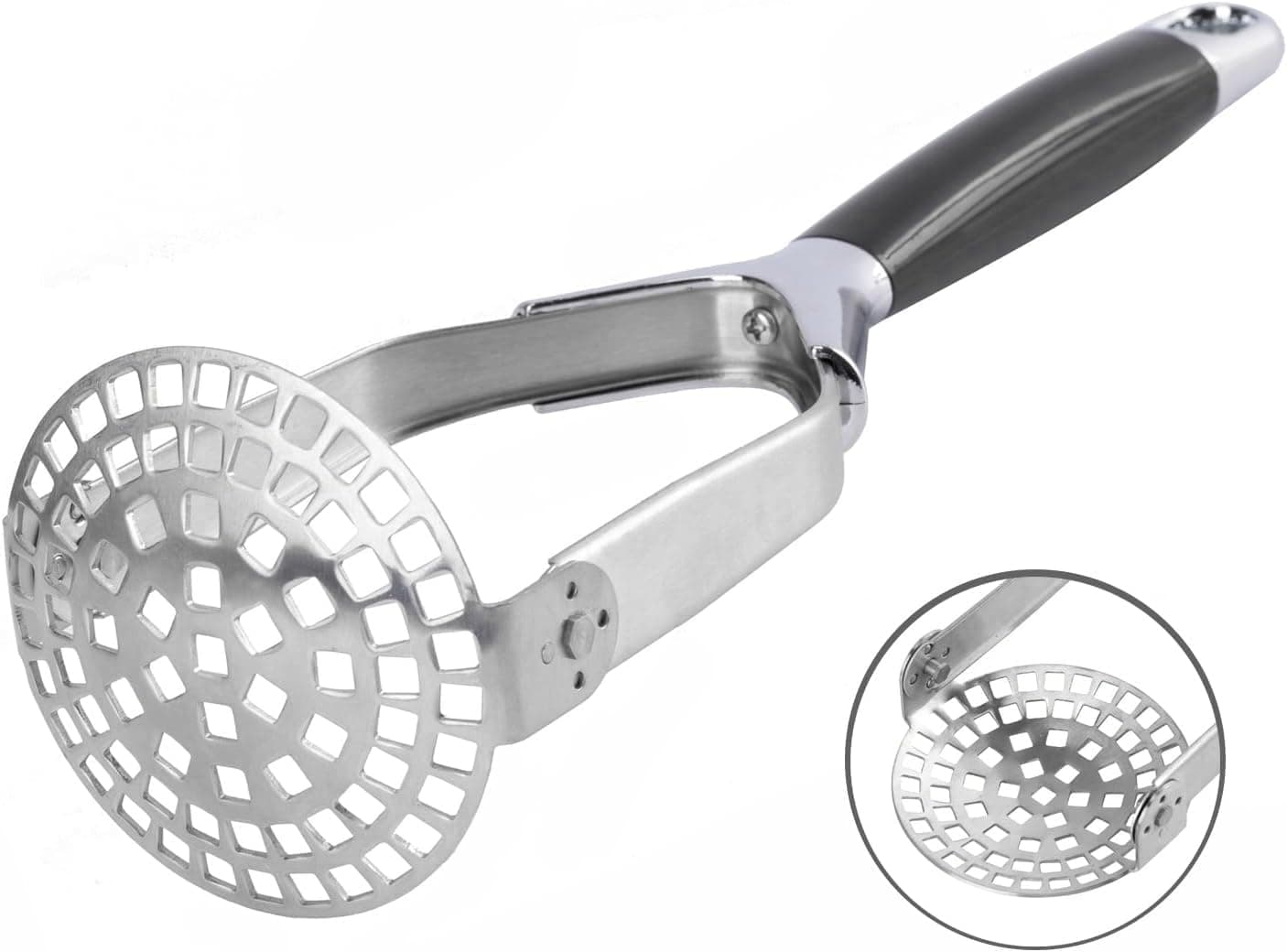 Obsoorth foldable stainless steel potato masher in silver with a black handle