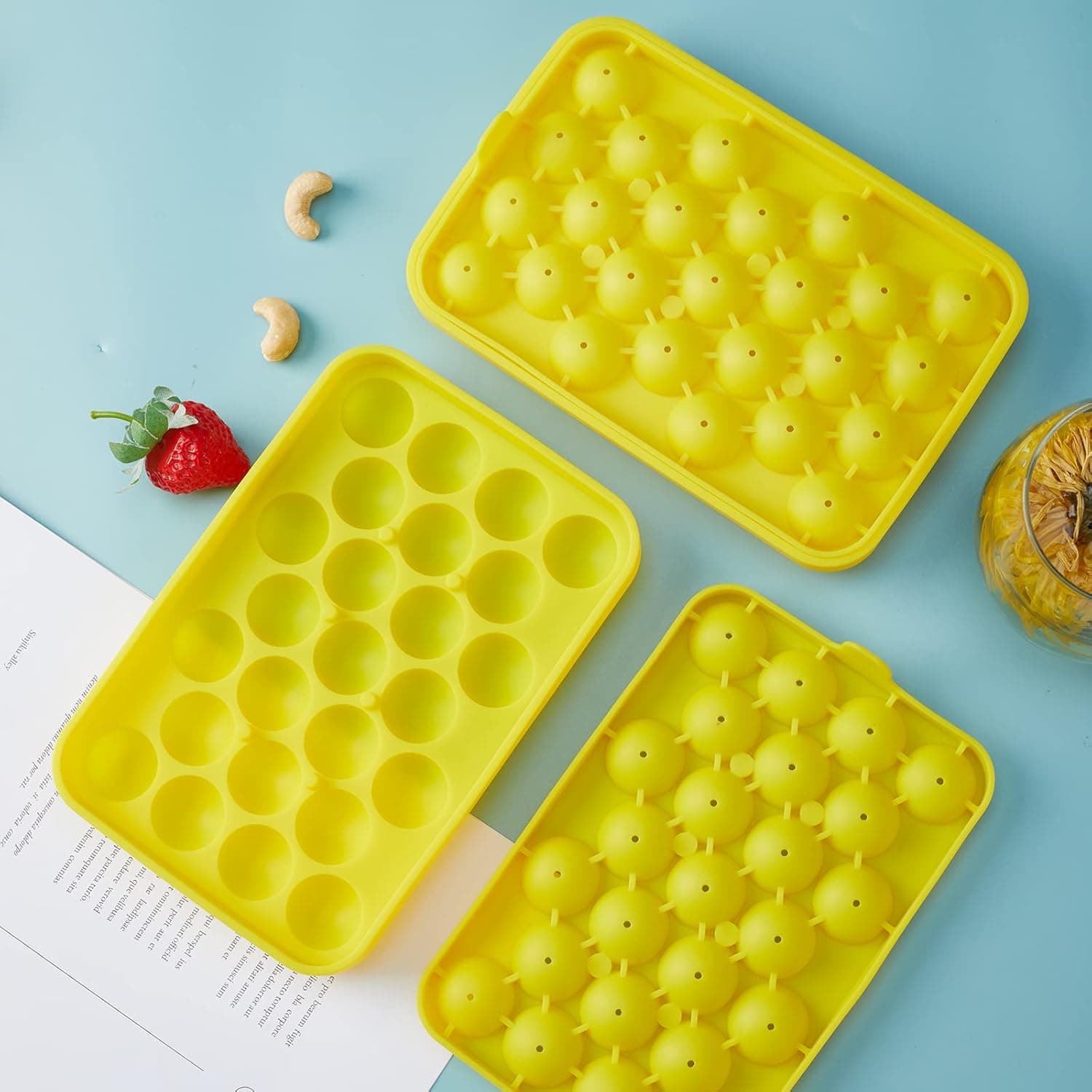 Obsoorth yellow ice ball tray set with lids and lower molds