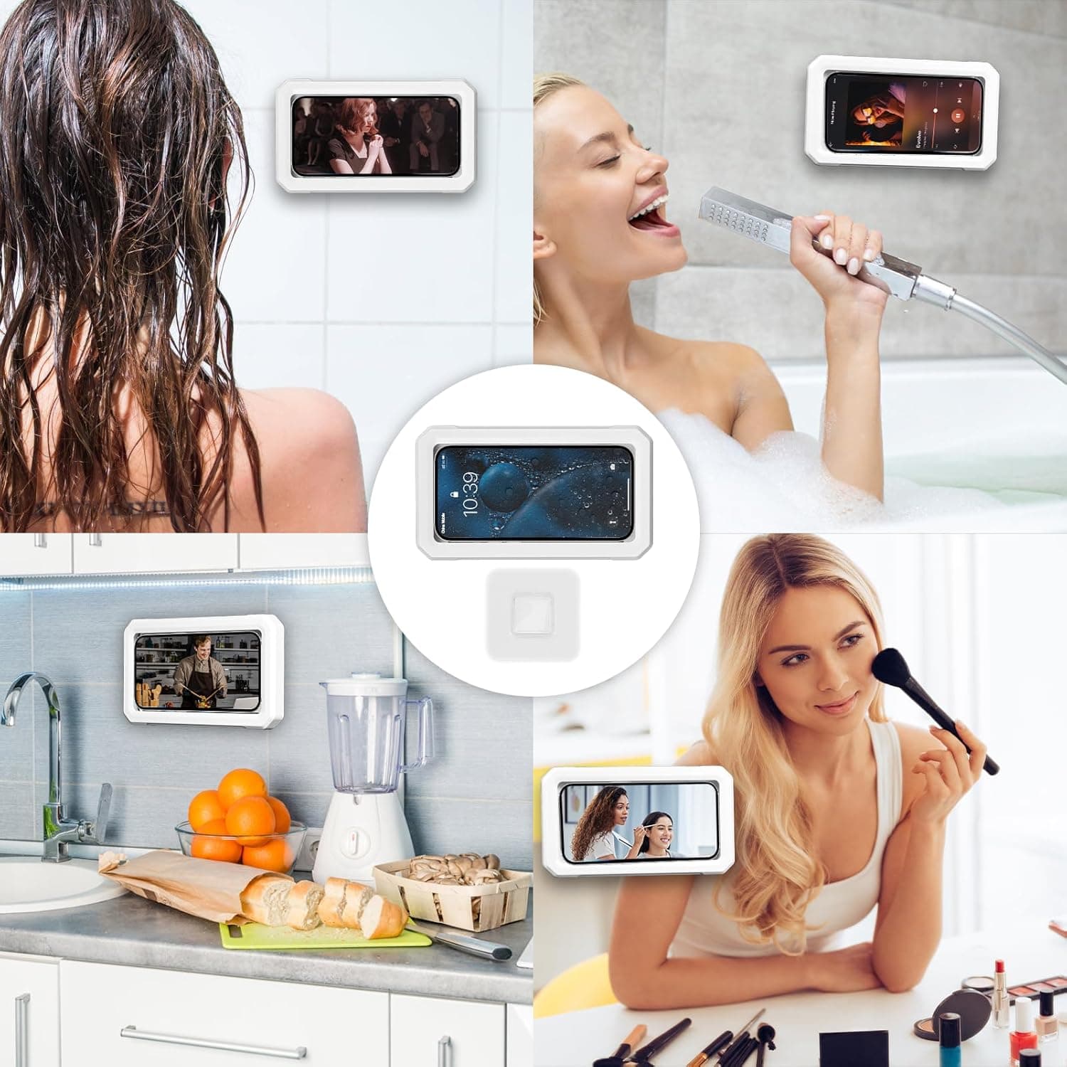 Lifestyle uses for the Obsoorth white waterproof shower phone holder in bathroom and kitchen spaces