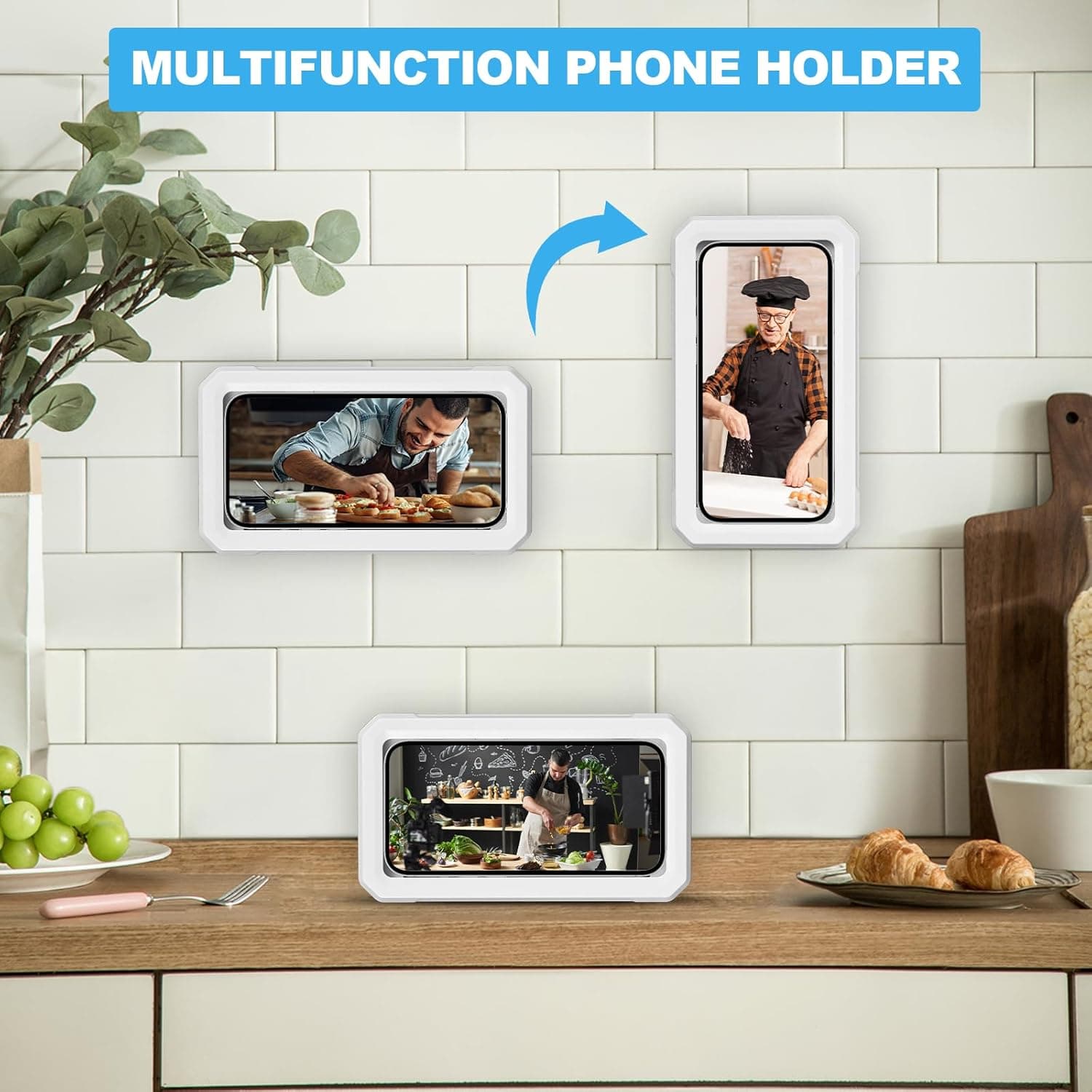 Obsoorth white shower phone holder shown in horizontal and vertical orientations