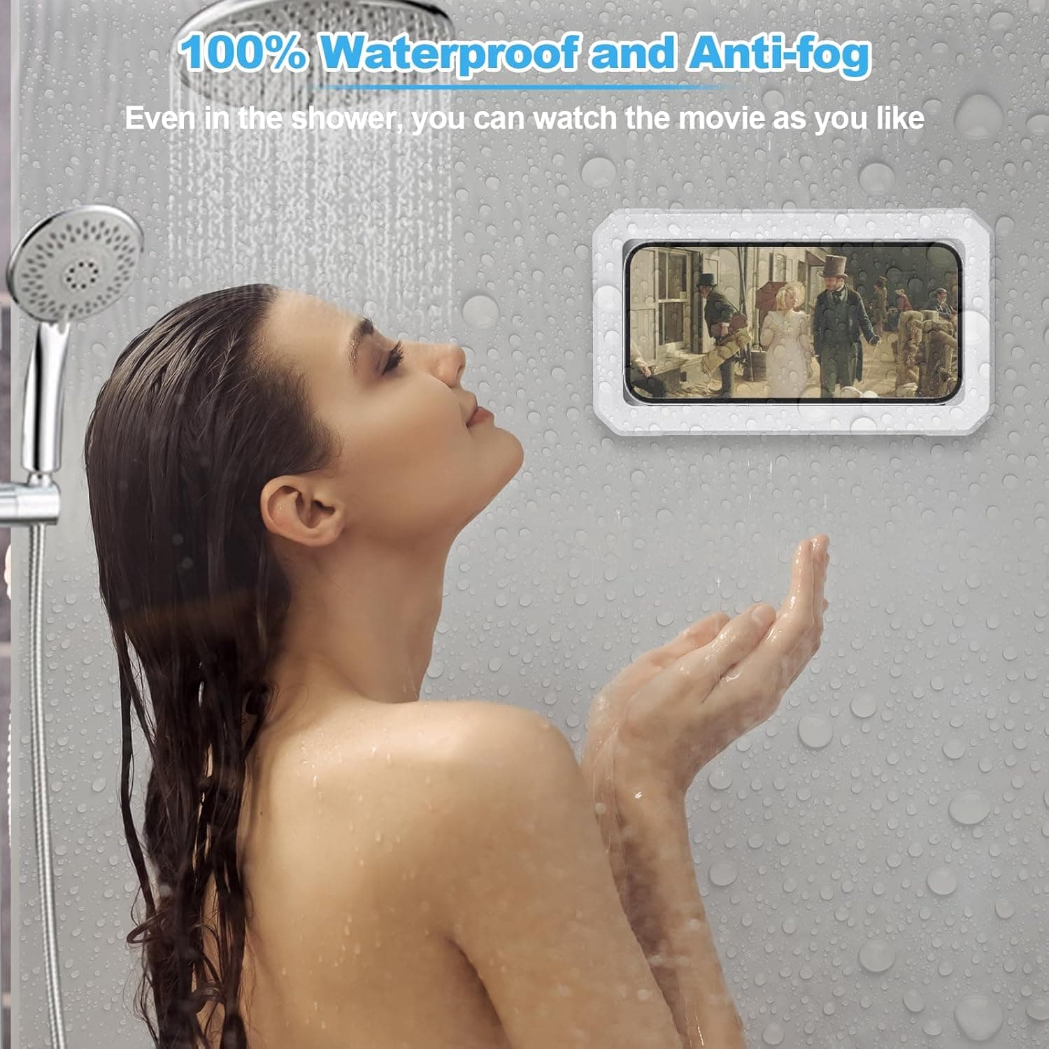 Obsoorth white shower phone holder used in a wet shower environment