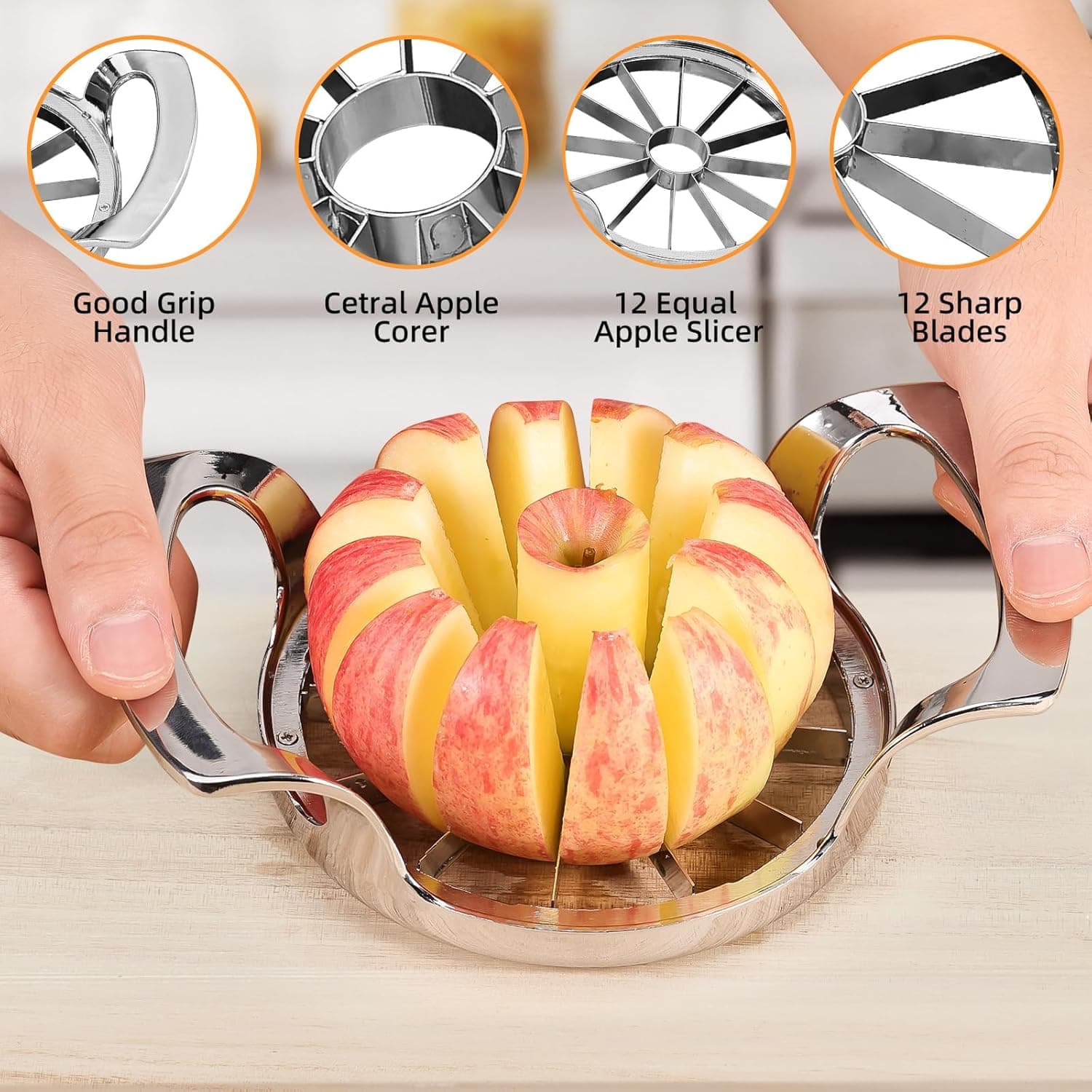 Twelve sharp blades, centered corer and ergonomic handles on the Obsoorth apple slicer