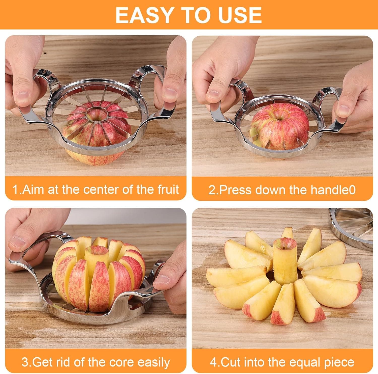 Four-step instructions for using the Obsoorth apple slicer and corer