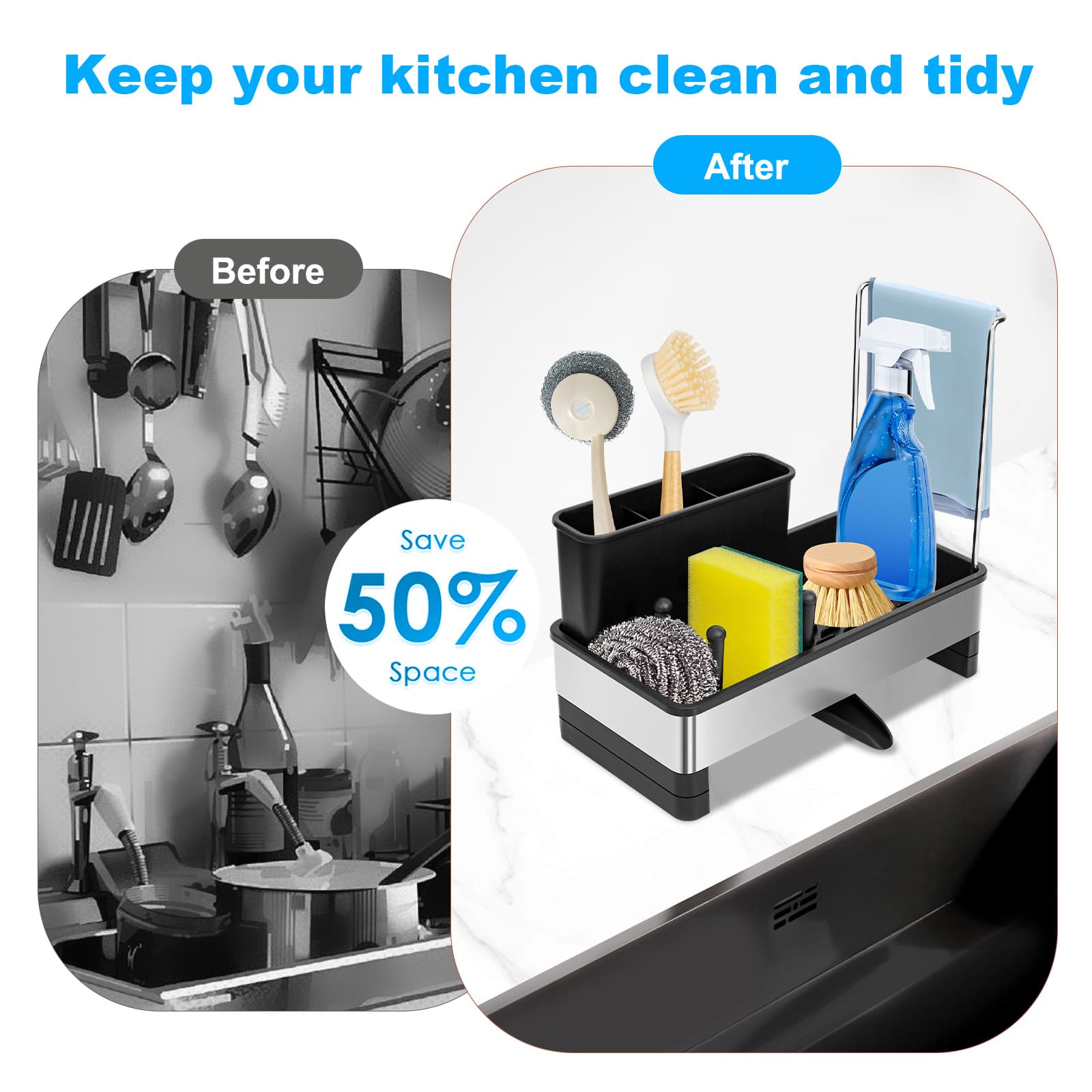 Obsoorth black countertop sink caddy organizing sponges, brushes and dish soap