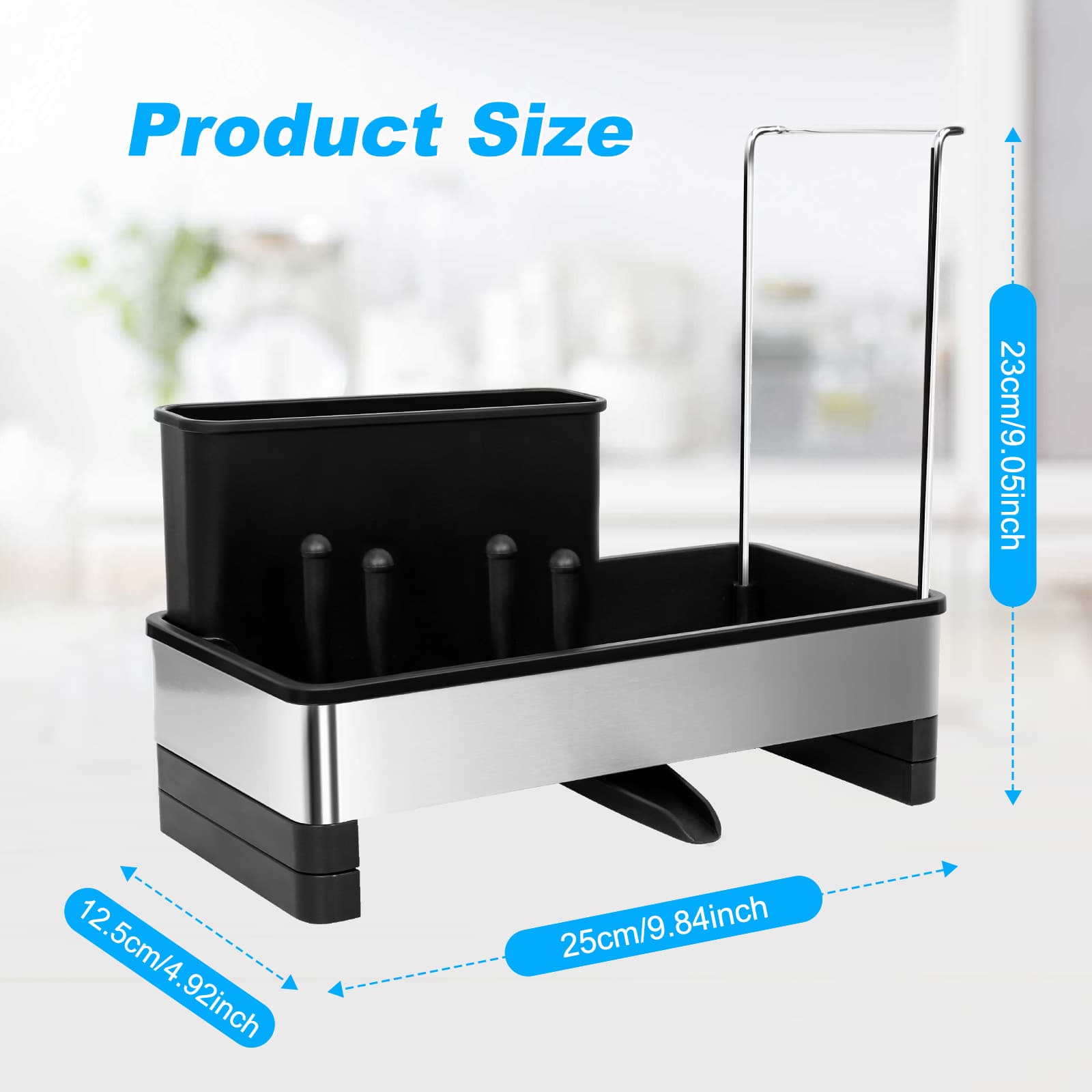 Dimensions of the Obsoorth black kitchen sink caddy