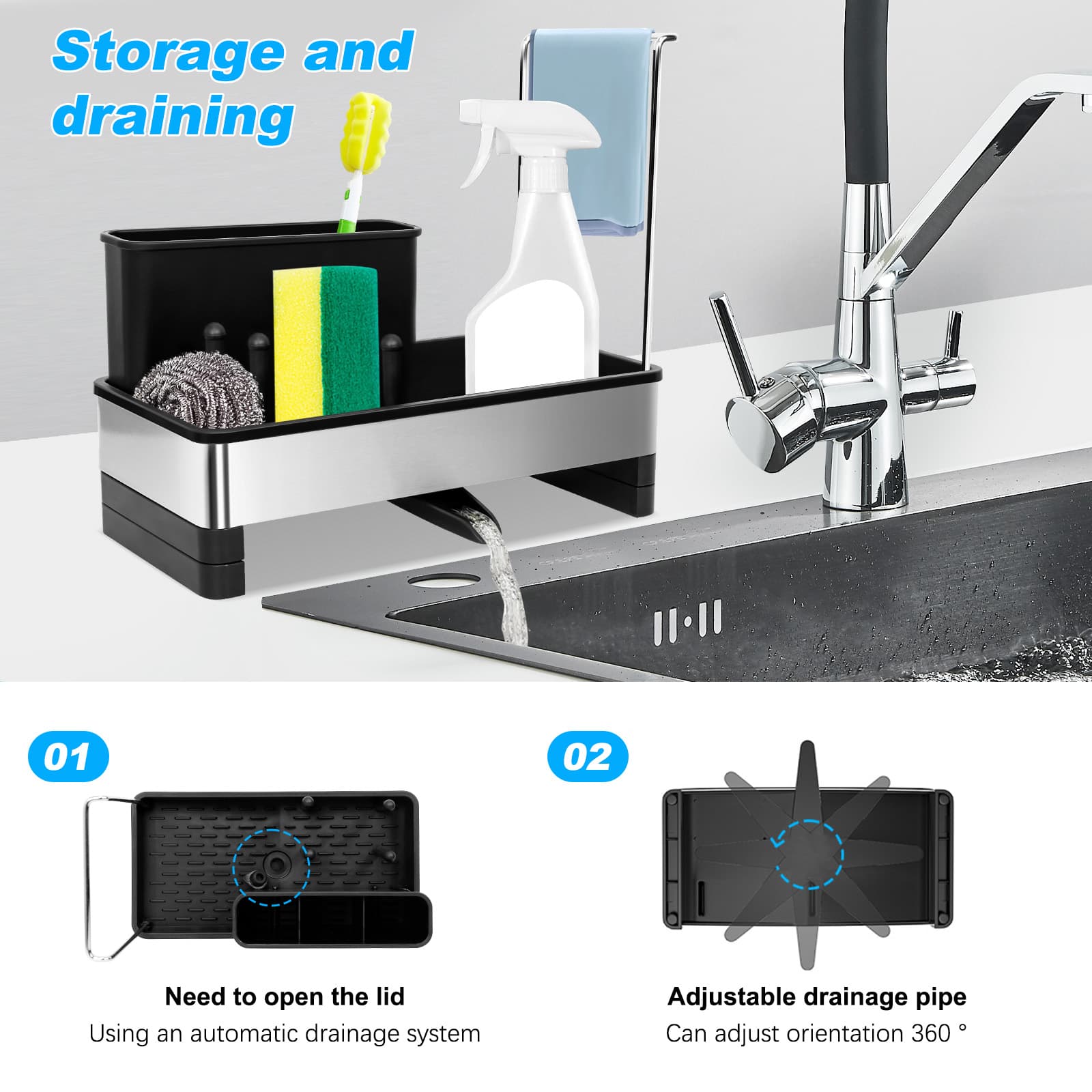 Adjustable drainage pipe on the Obsoorth black kitchen sink caddy