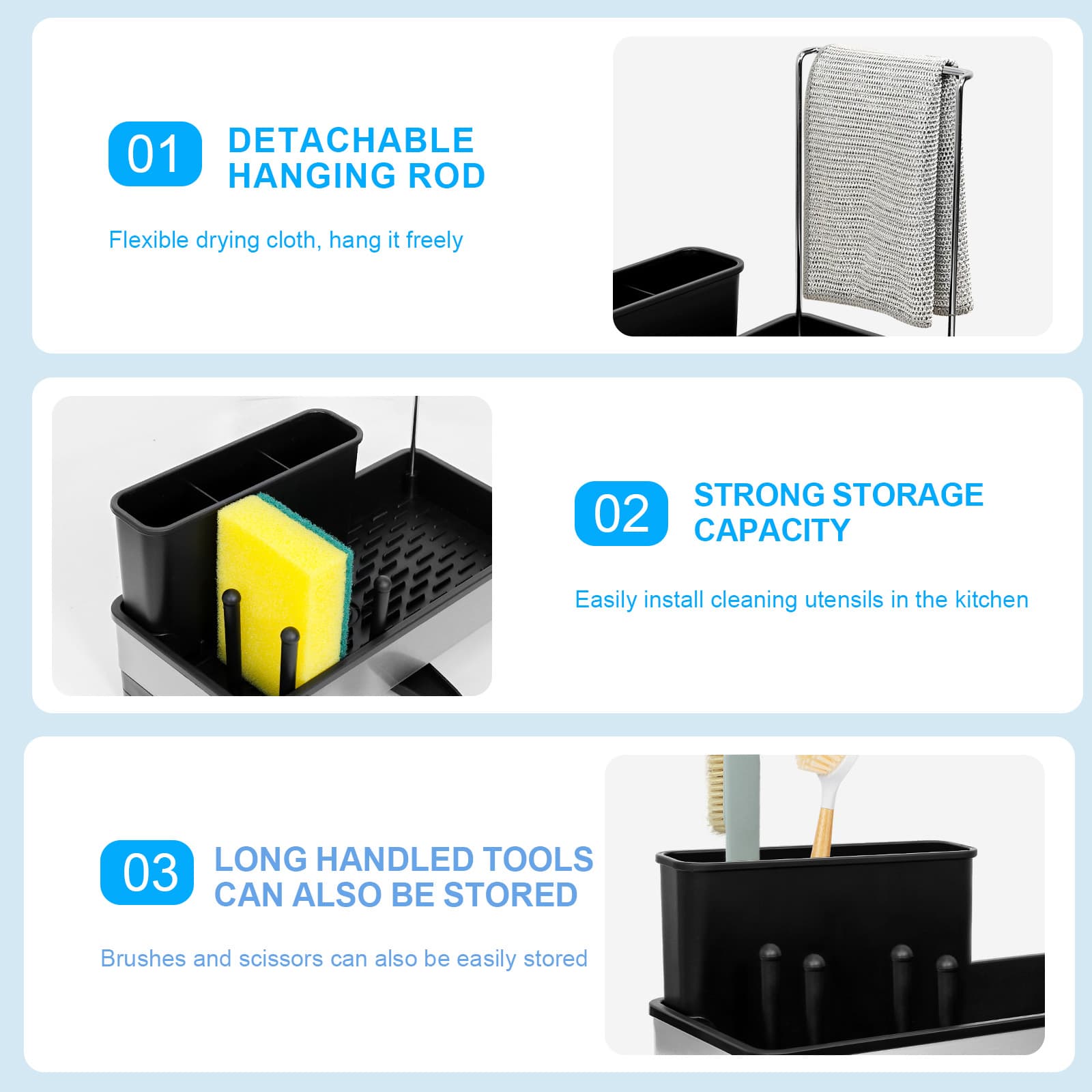 Detachable hanging rod and storage compartments of the Obsoorth black sink caddy