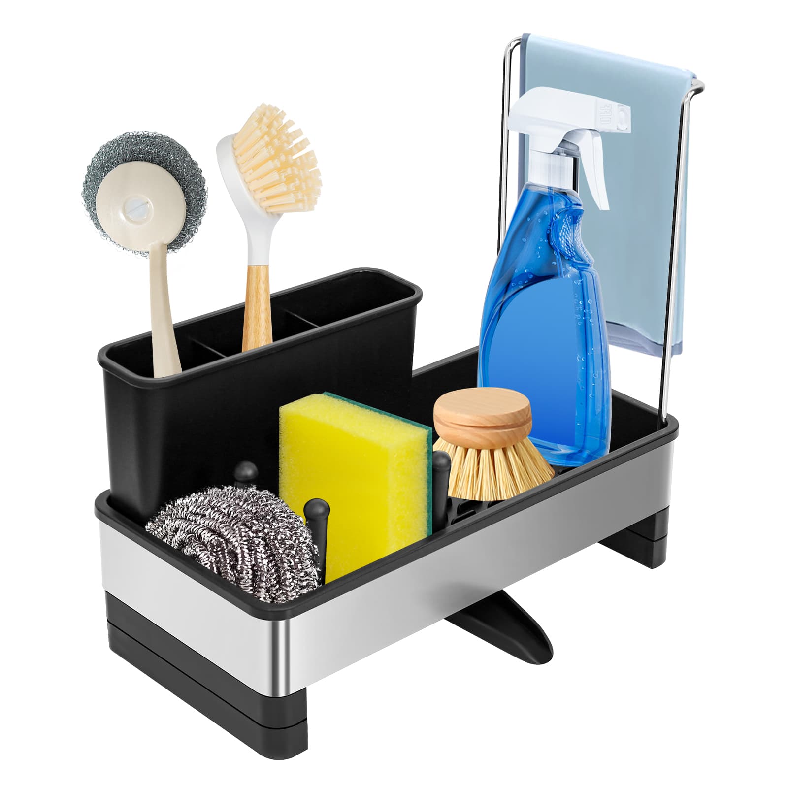 Obsoorth black kitchen sink caddy with sponge holder, brush storage and dishcloth rod