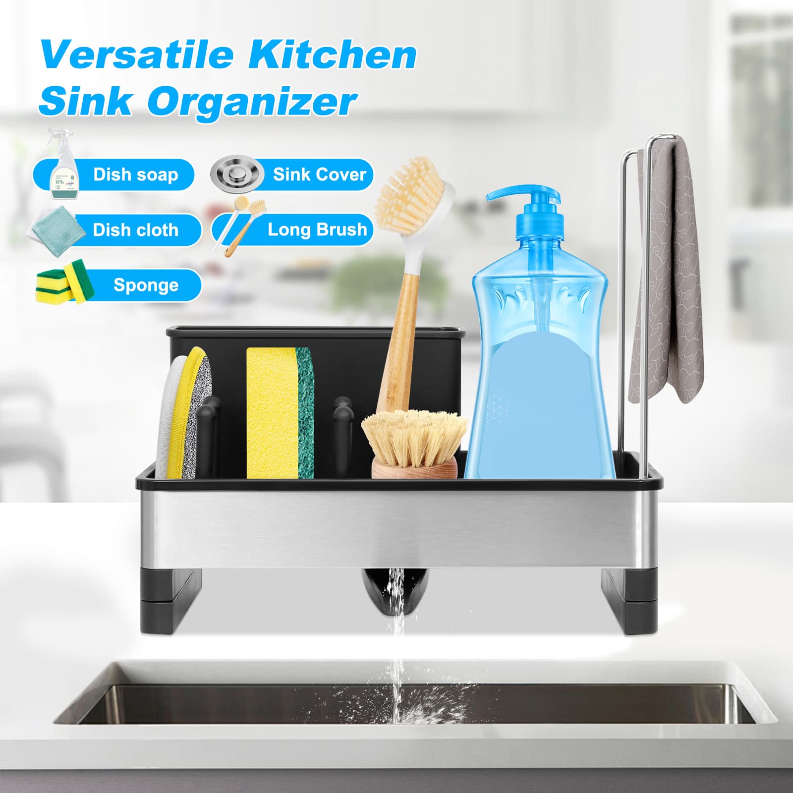 Obsoorth black sink organizer storing dish soap, cloth, brushes and sponges