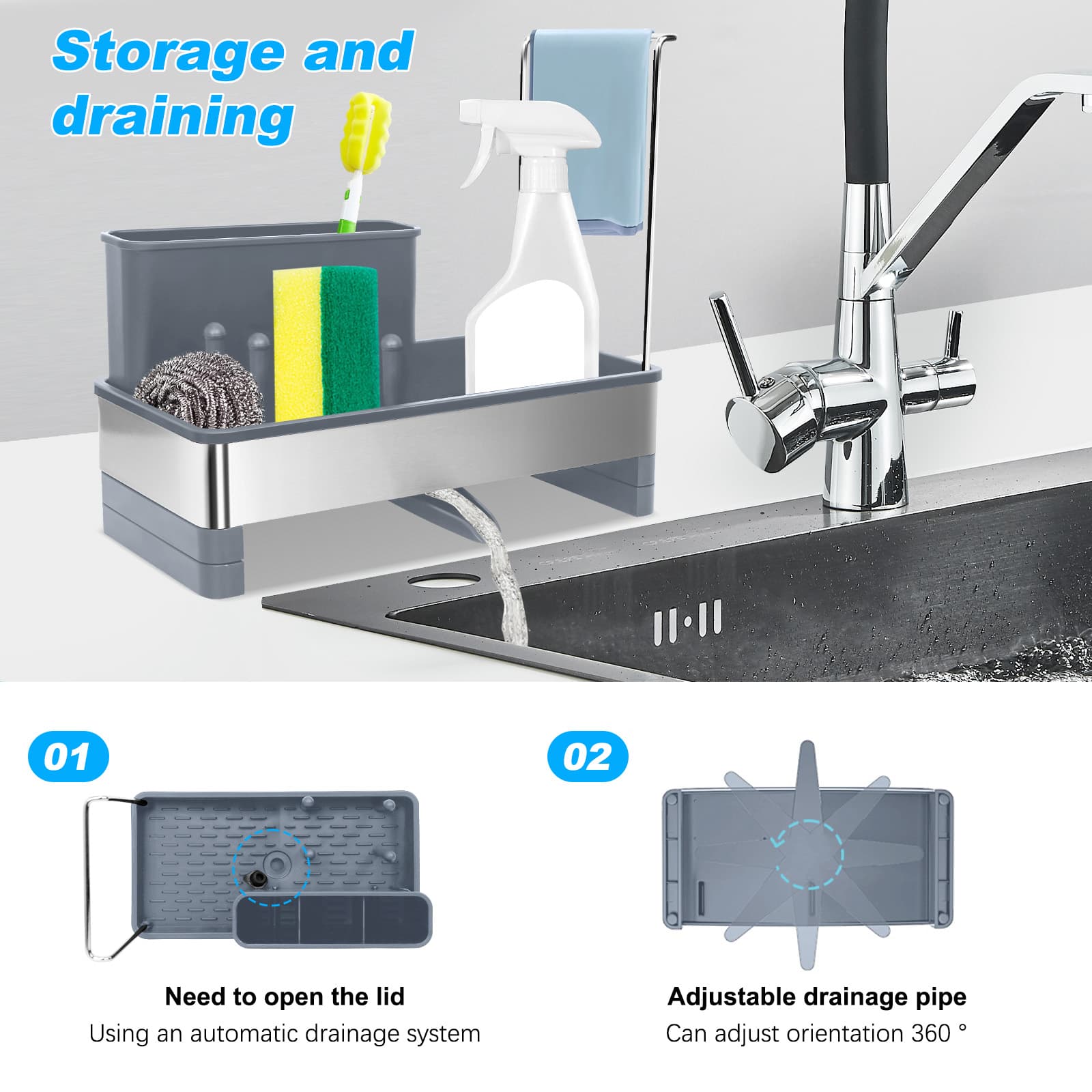 Adjustable drainage spout beneath the gray Obsoorth sink caddy