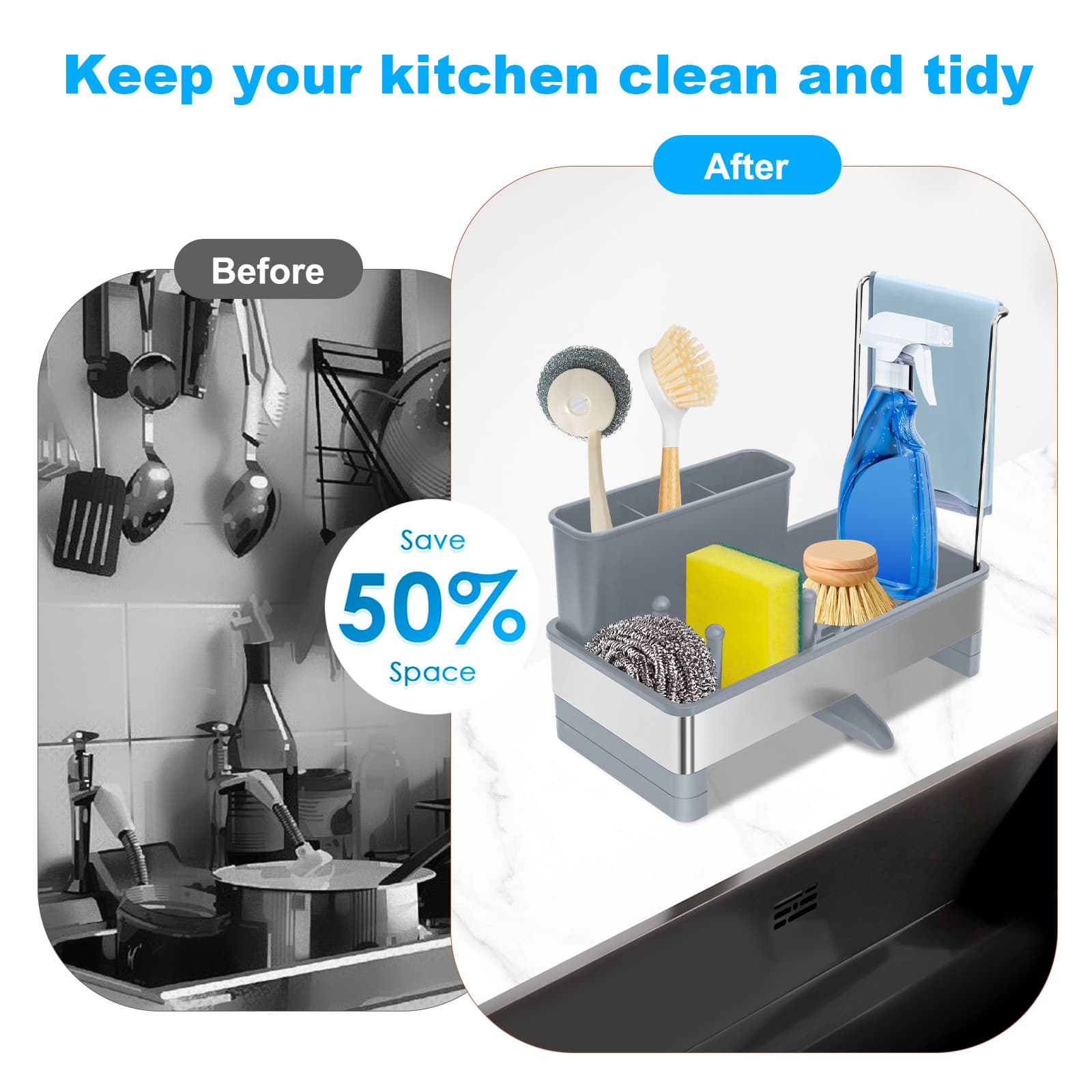 Gray Obsoorth sink caddy organizing cleaning tools beside a kitchen sink