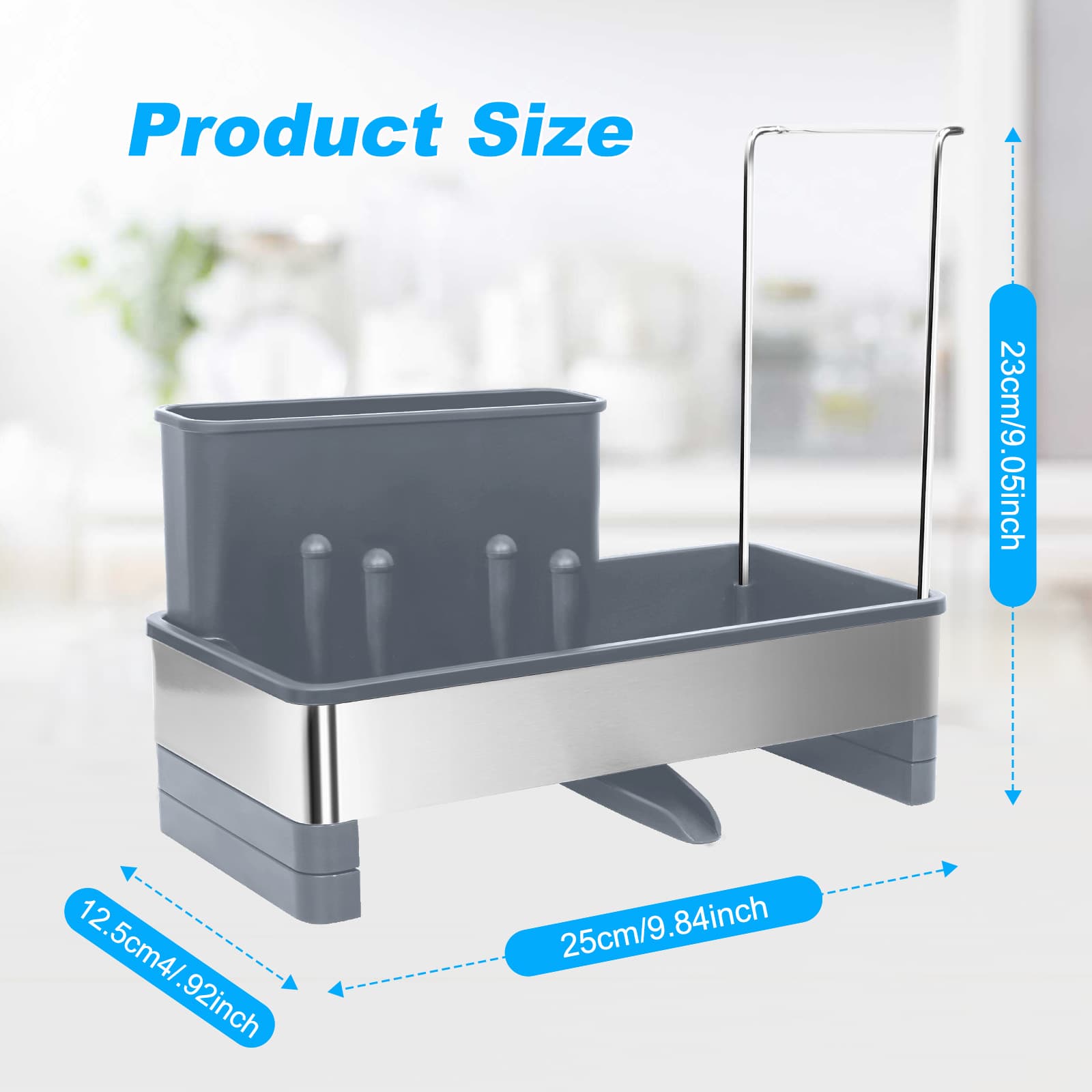 Dimensions of the Obsoorth gray kitchen sink caddy